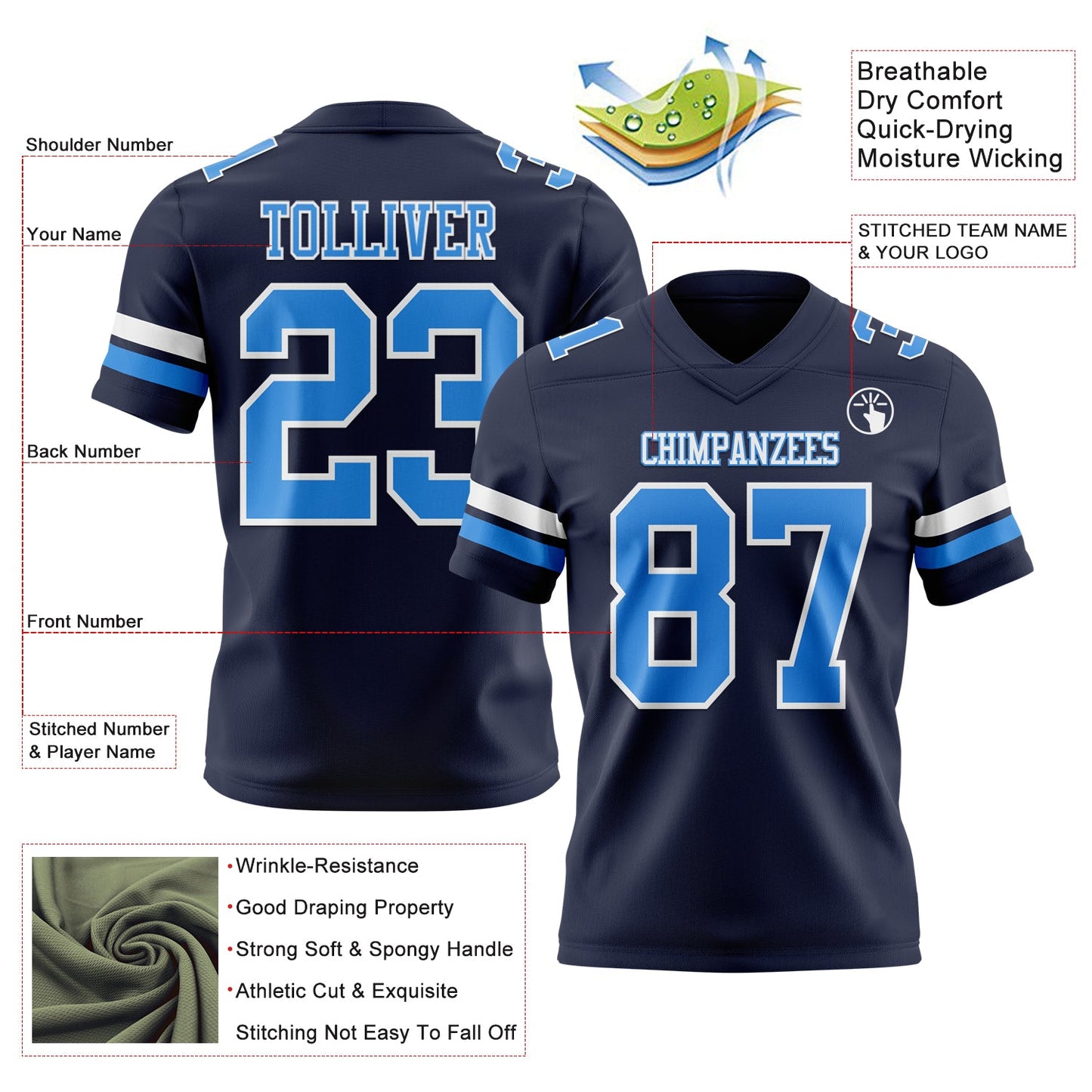 Custom Navy Powder Blue-White Authentic Football Jersey view 3