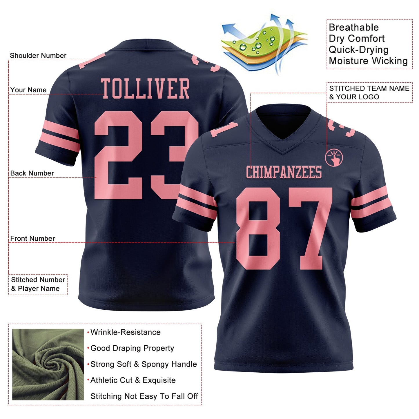 Custom Navy Medium Pink Authentic Football Jersey view 3