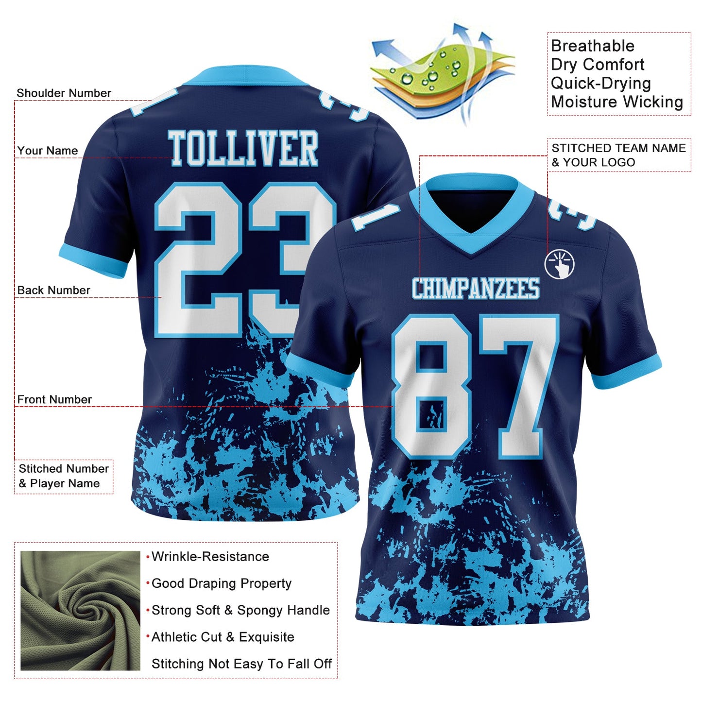 Custom Navy White-Sky Blue 3D Pattern Splash Authentic Football Jersey view 3