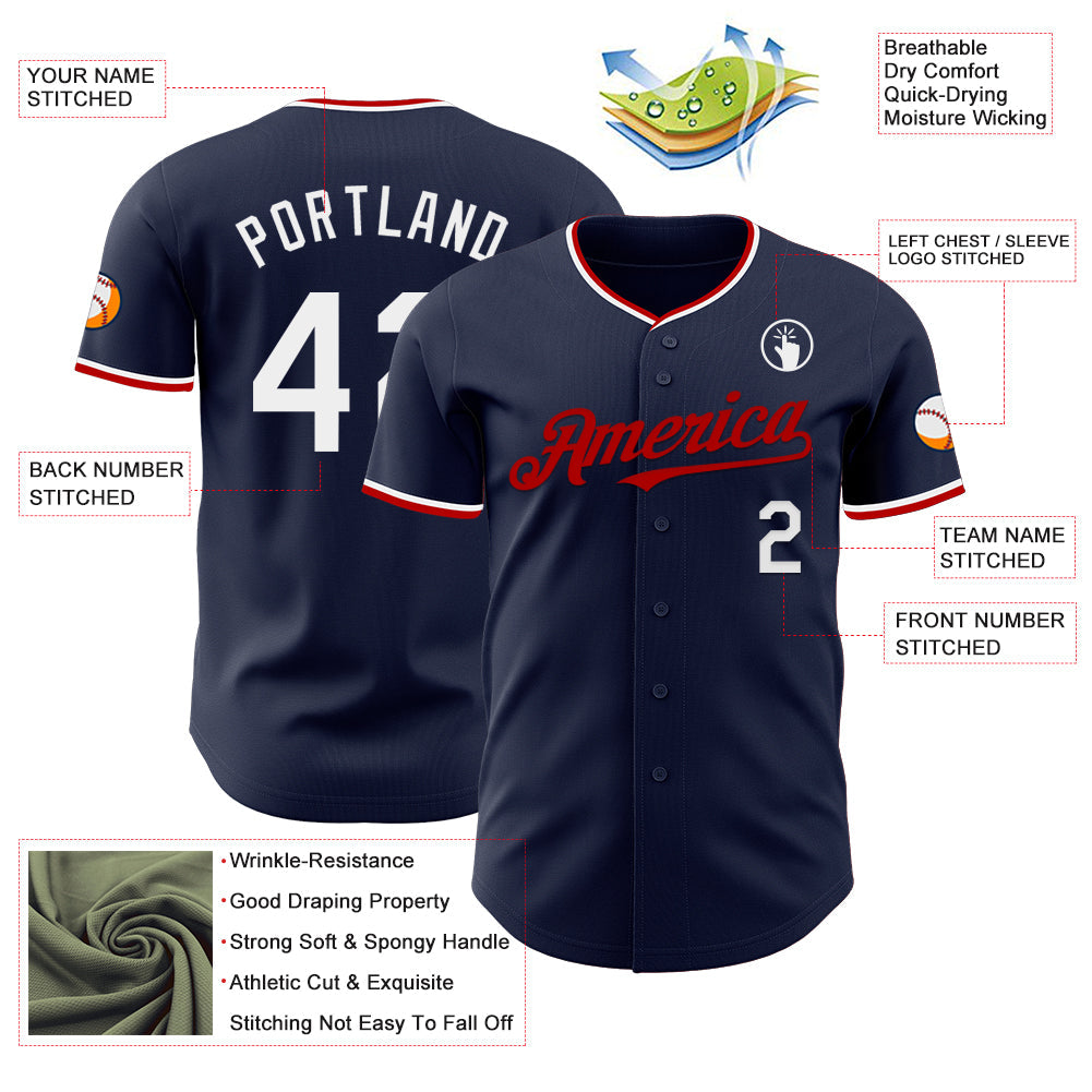 Custom Navy White-Red Authentic Baseball Jersey view 3