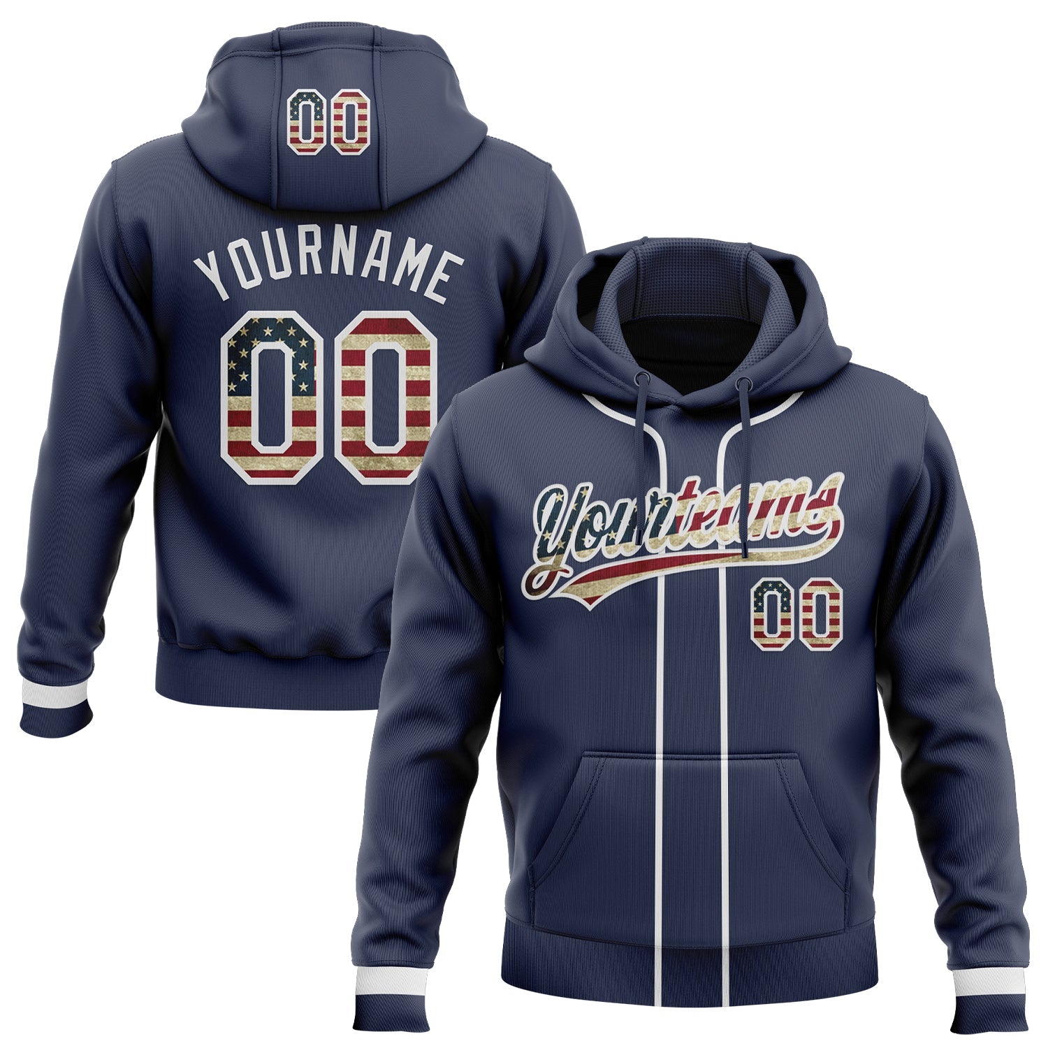Custom Stitched Navy Vintage USA Flag-White Baseball Pullover Sweatshirt Hoodie - Main View