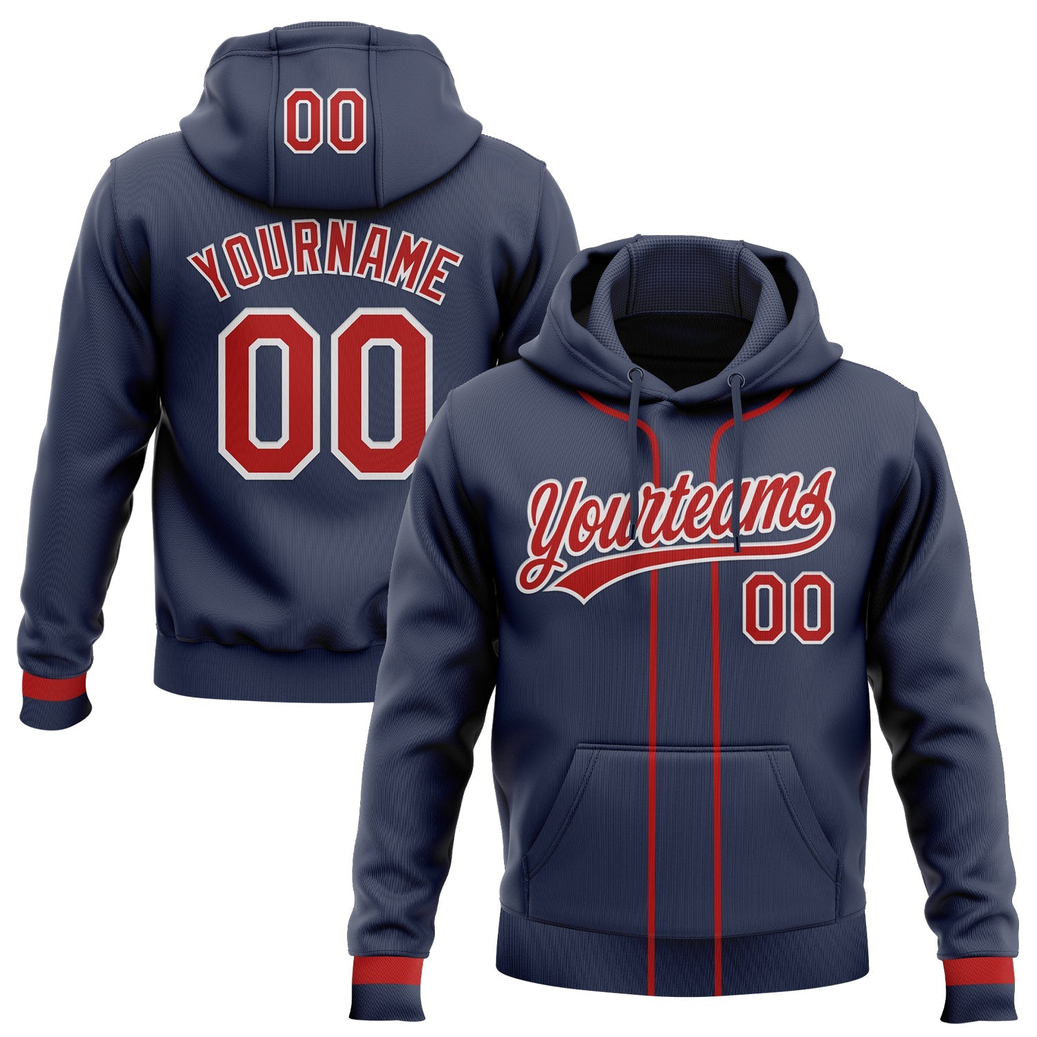 Custom Stitched Navy Red-White Baseball Pullover Sweatshirt Hoodie - Main View