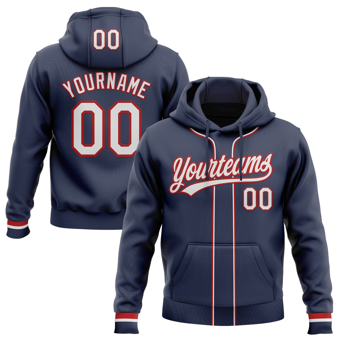 Custom Stitched Navy White-Red Baseball Pullover Sweatshirt Hoodie - Main View