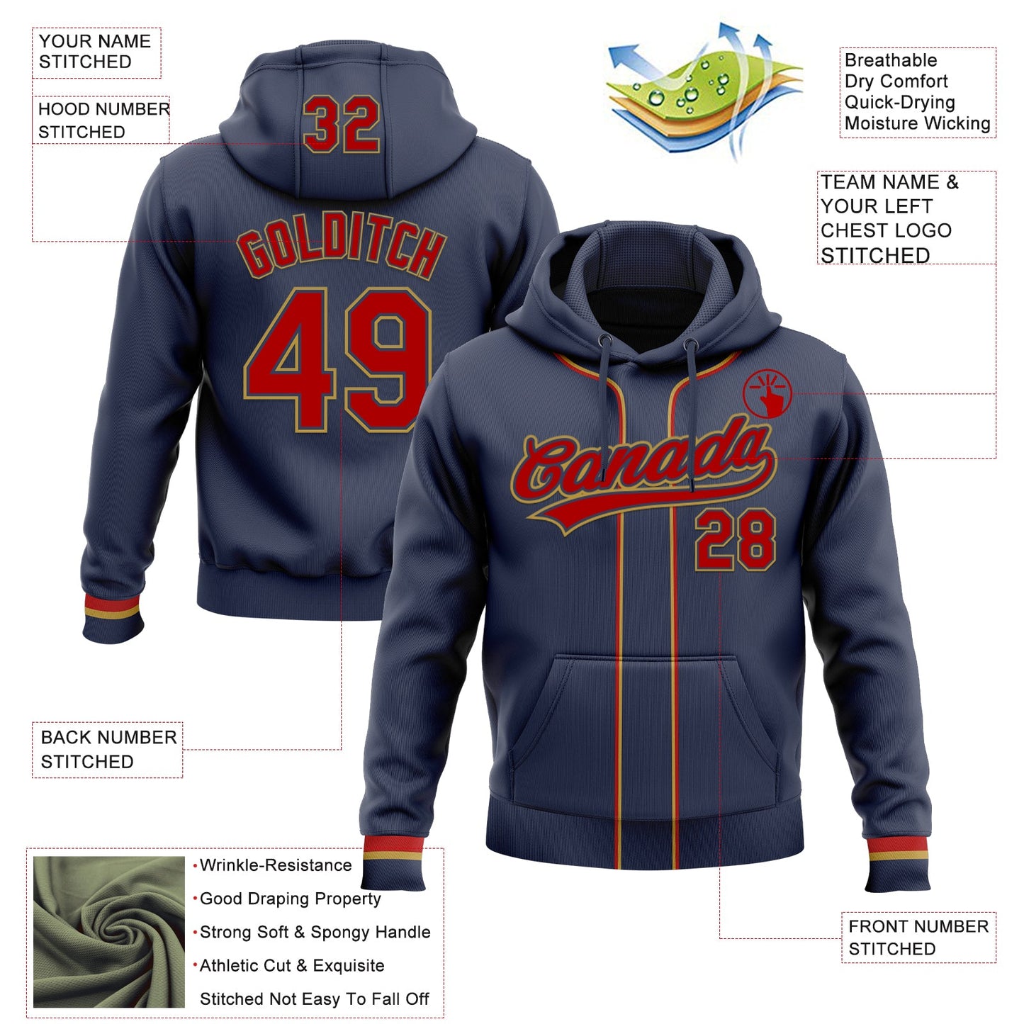 Custom Stitched Navy Red-Old Gold Baseball Pullover Sweatshirt Hoodie view 2