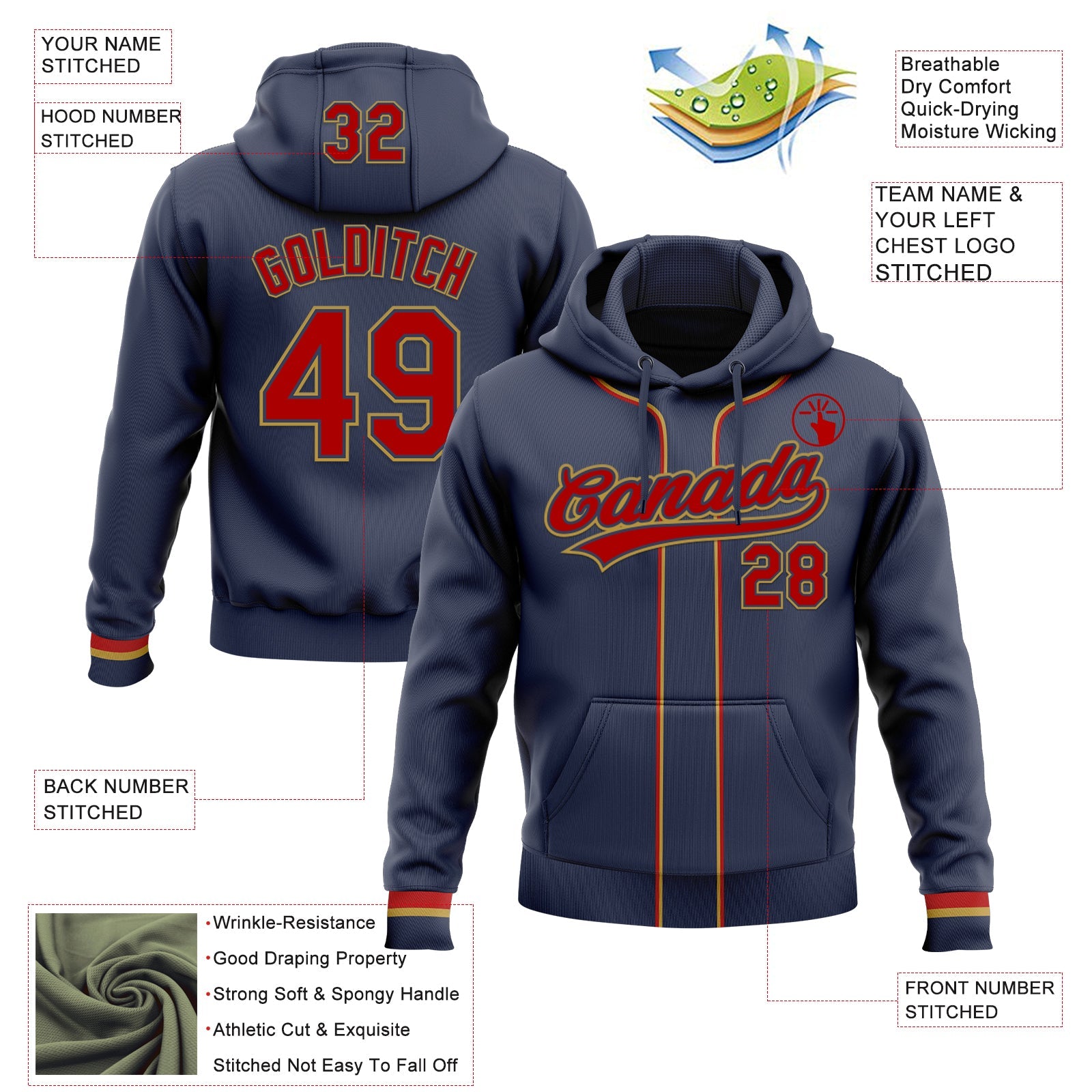 Custom Stitched Navy Red-Old Gold Baseball Pullover Sweatshirt Hoodie view 2