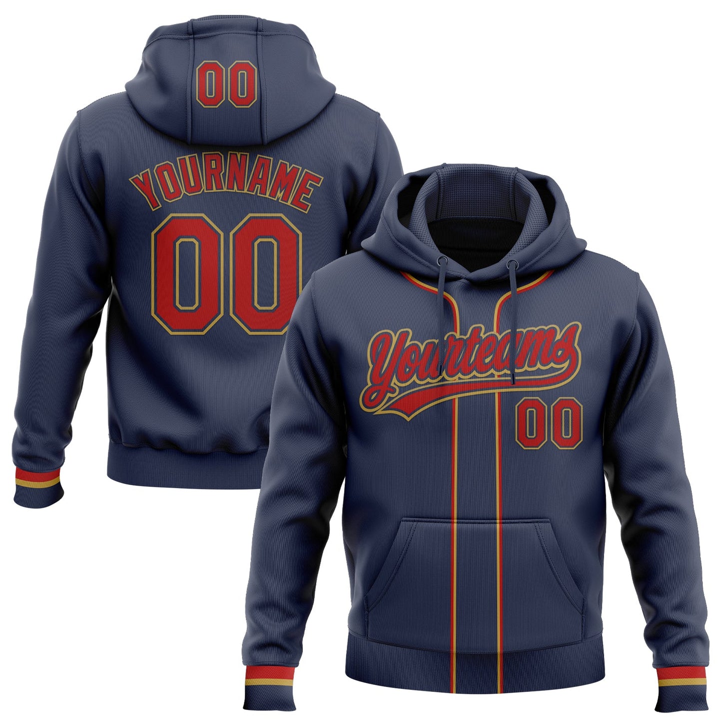 Custom Stitched Navy Red-Old Gold Baseball Pullover Sweatshirt Hoodie - Main View