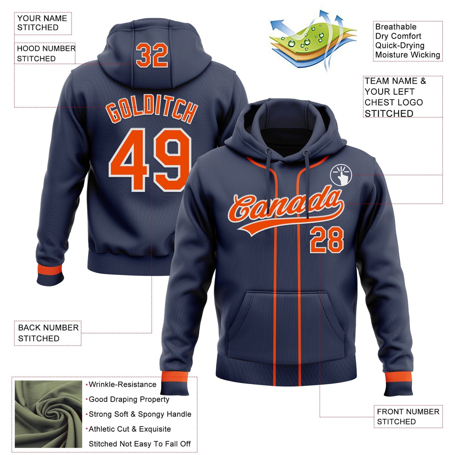 Custom Stitched Navy Orange-White Baseball Pullover Sweatshirt Hoodie view 2