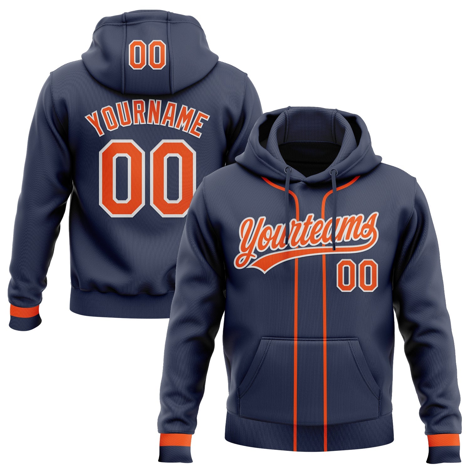 Custom Stitched Navy Orange-White Baseball Pullover Sweatshirt Hoodie - Main View