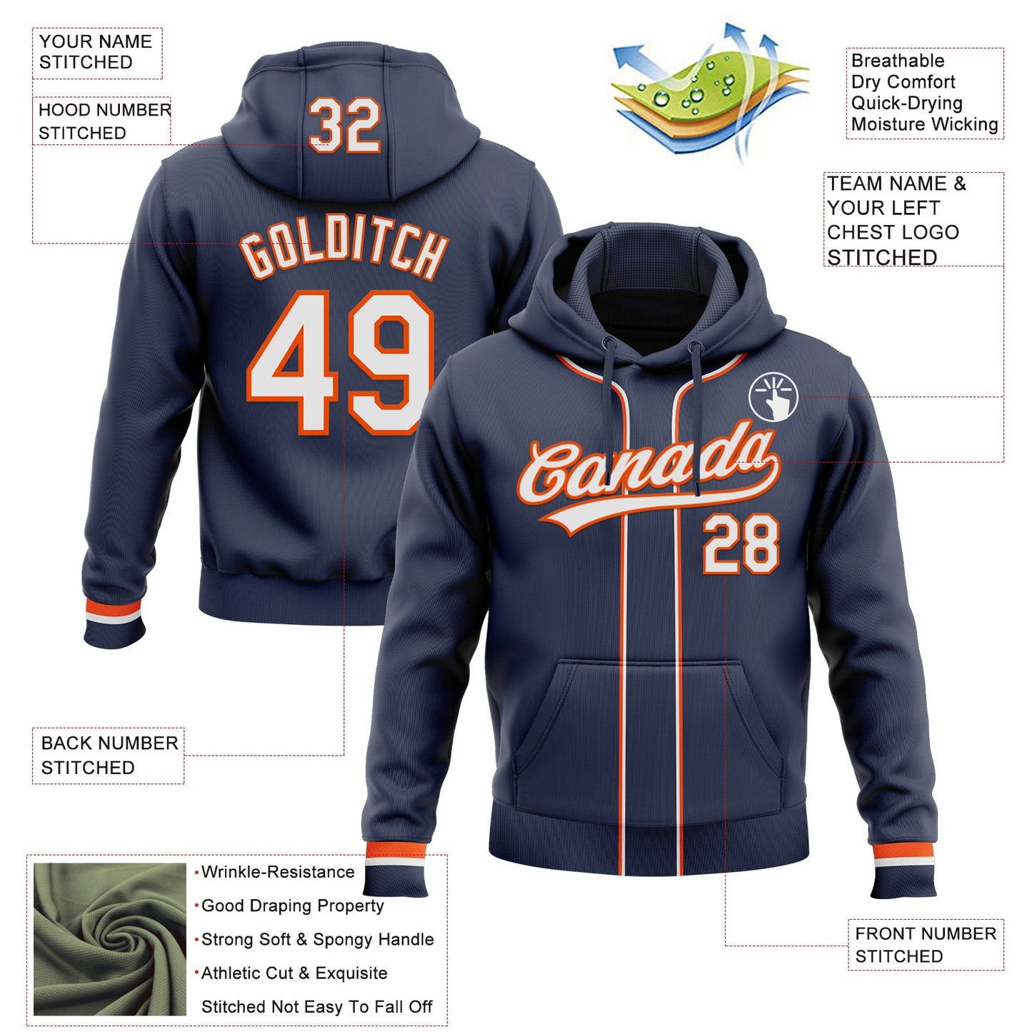 Custom Stitched Navy White-Orange Baseball Pullover Sweatshirt Hoodie view 2