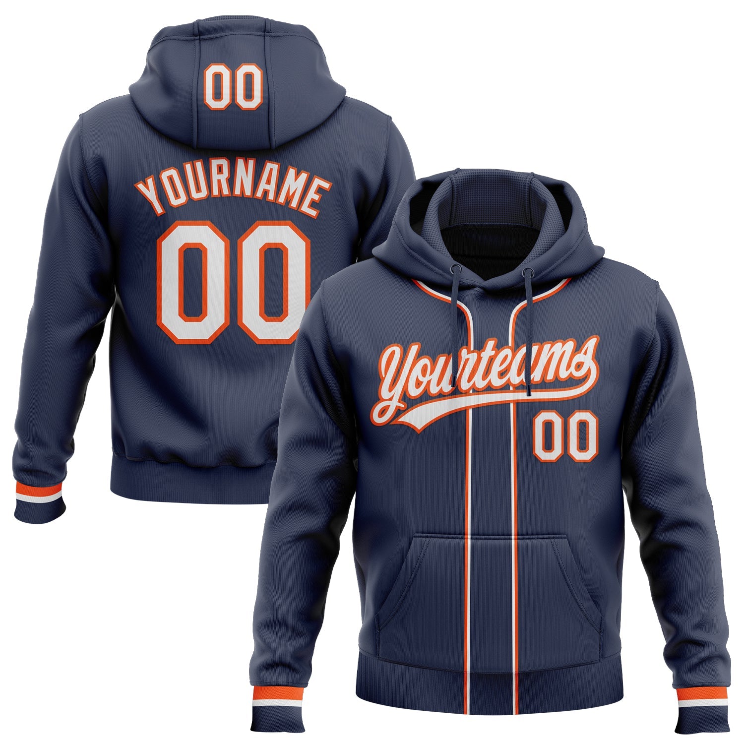 Custom Stitched Navy White-Orange Baseball Pullover Sweatshirt Hoodie - Main View