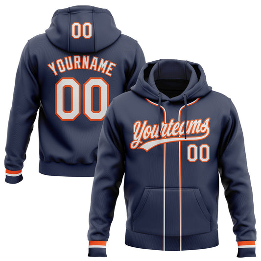 Custom Stitched Navy White-Orange Baseball Pullover Sweatshirt Hoodie - Main View