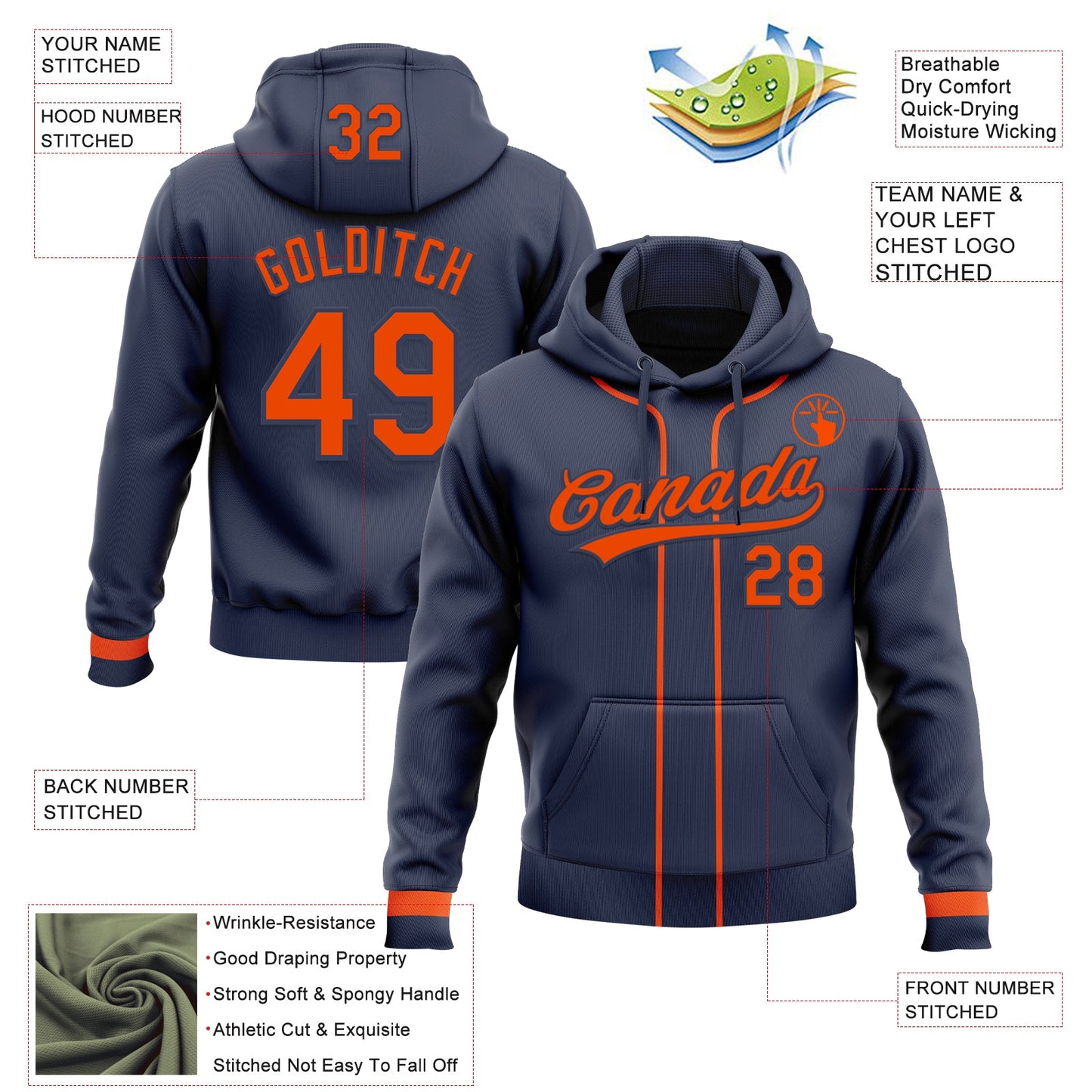 Custom Stitched Navy Orange Baseball Pullover Sweatshirt Hoodie view 2
