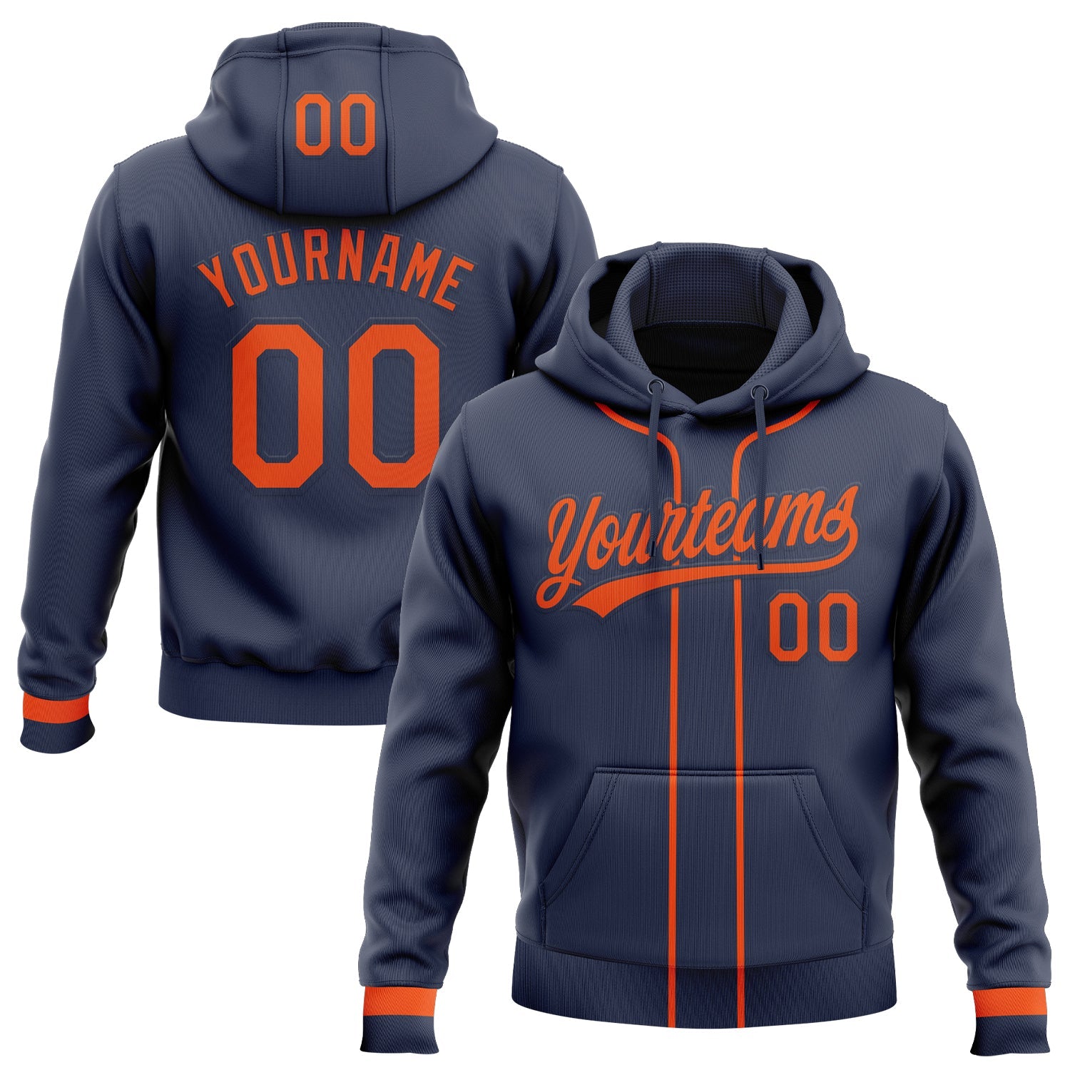 Custom Stitched Navy Orange Baseball Pullover Sweatshirt Hoodie - Main View