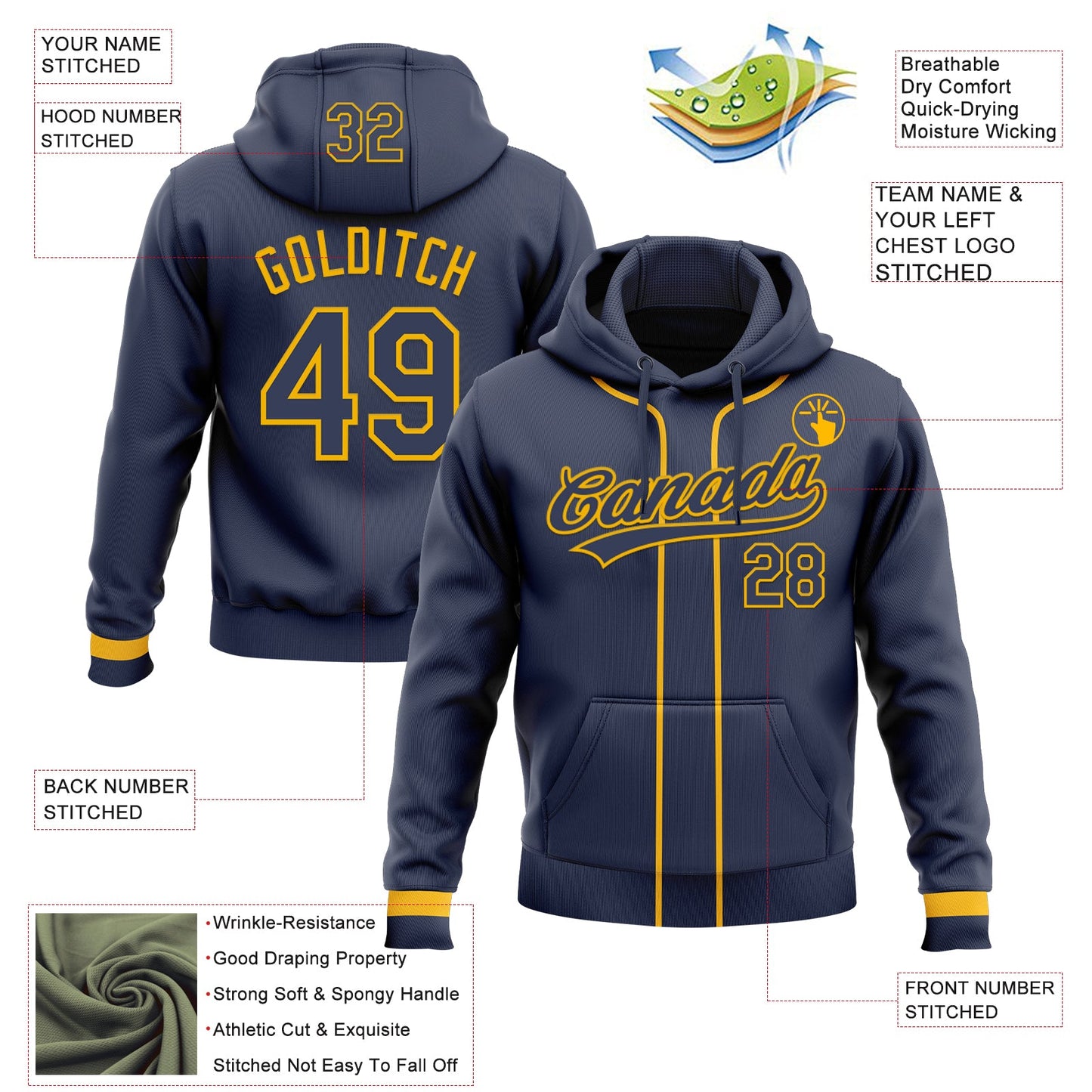 Custom Stitched Navy Gold Baseball Pullover Sweatshirt Hoodie view 2