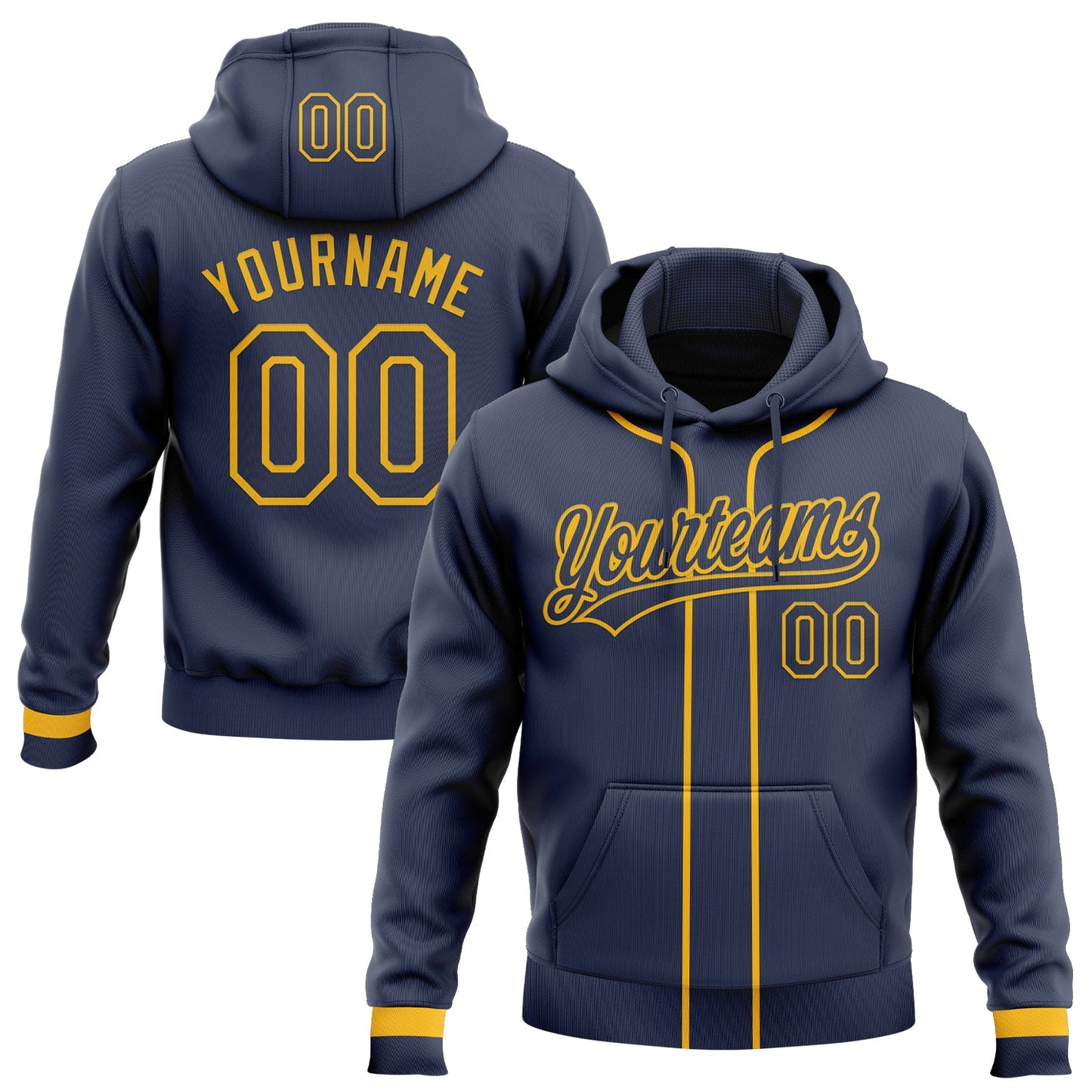 Custom Stitched Navy Gold Baseball Pullover Sweatshirt Hoodie - Main View