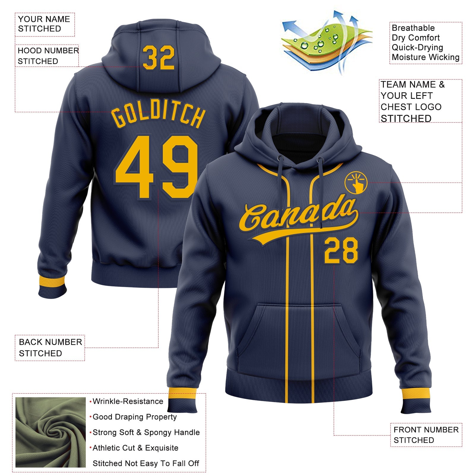 Custom Stitched Navy Gold Baseball Pullover Sweatshirt Hoodie view 2