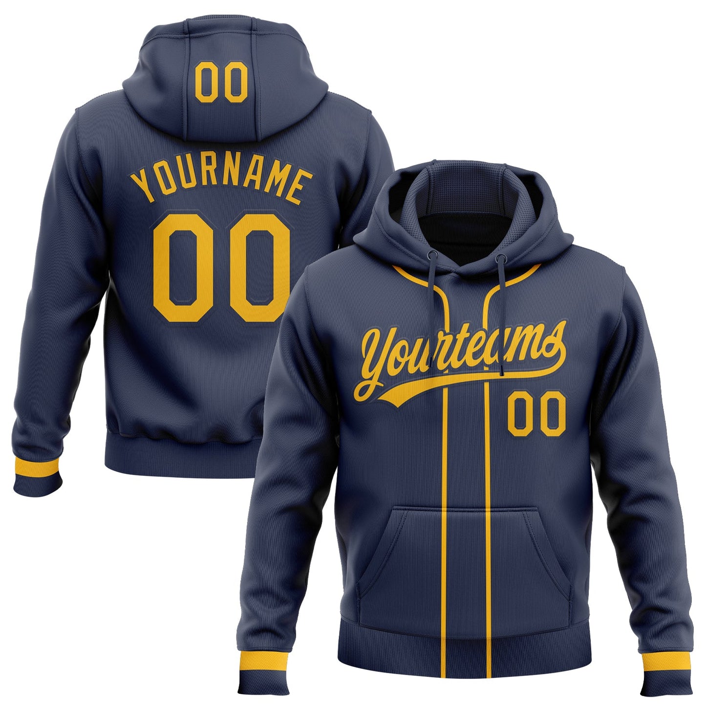 Custom Stitched Navy Gold Baseball Pullover Sweatshirt Hoodie - Main View