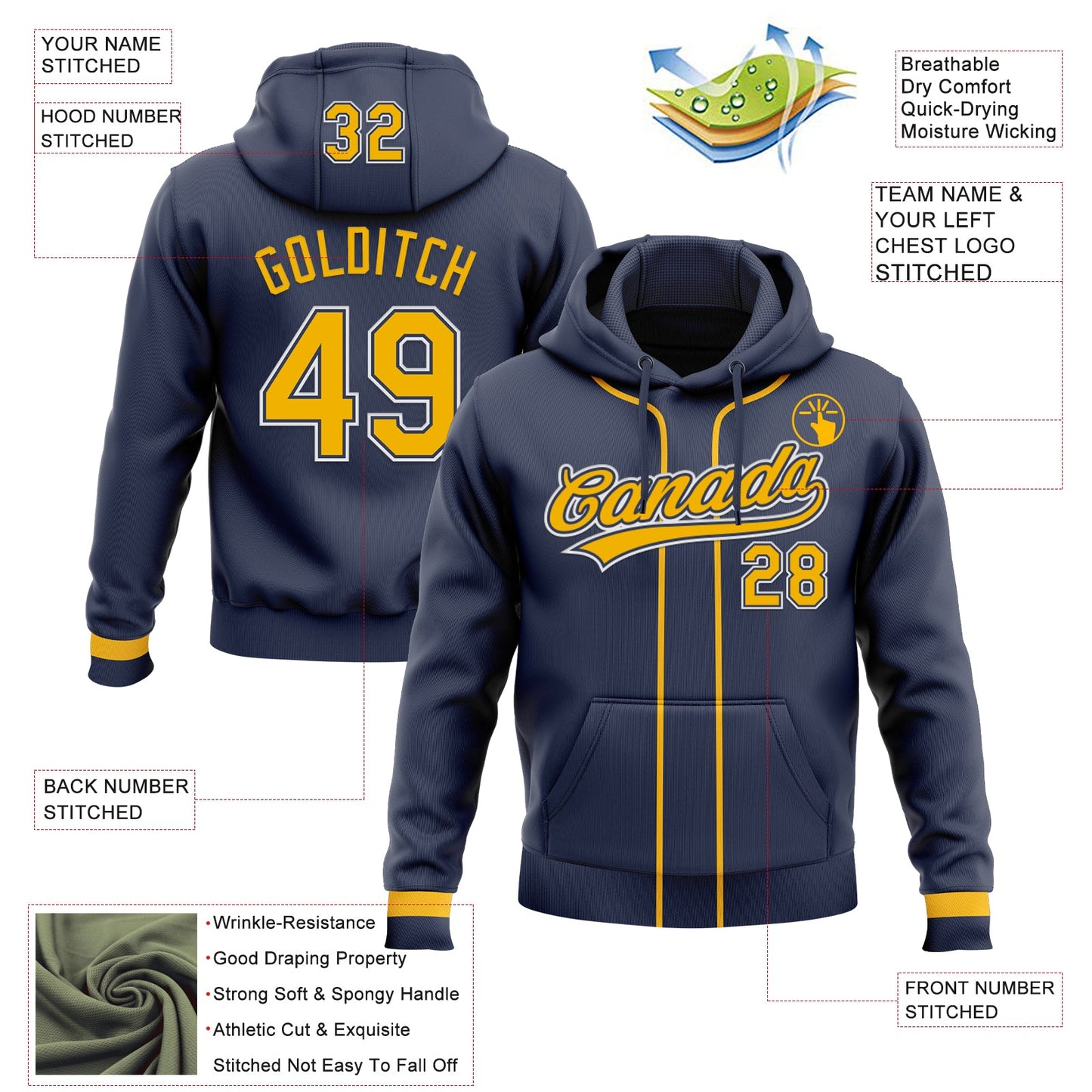 Custom Stitched Navy Gold-White Baseball Pullover Sweatshirt Hoodie view 2