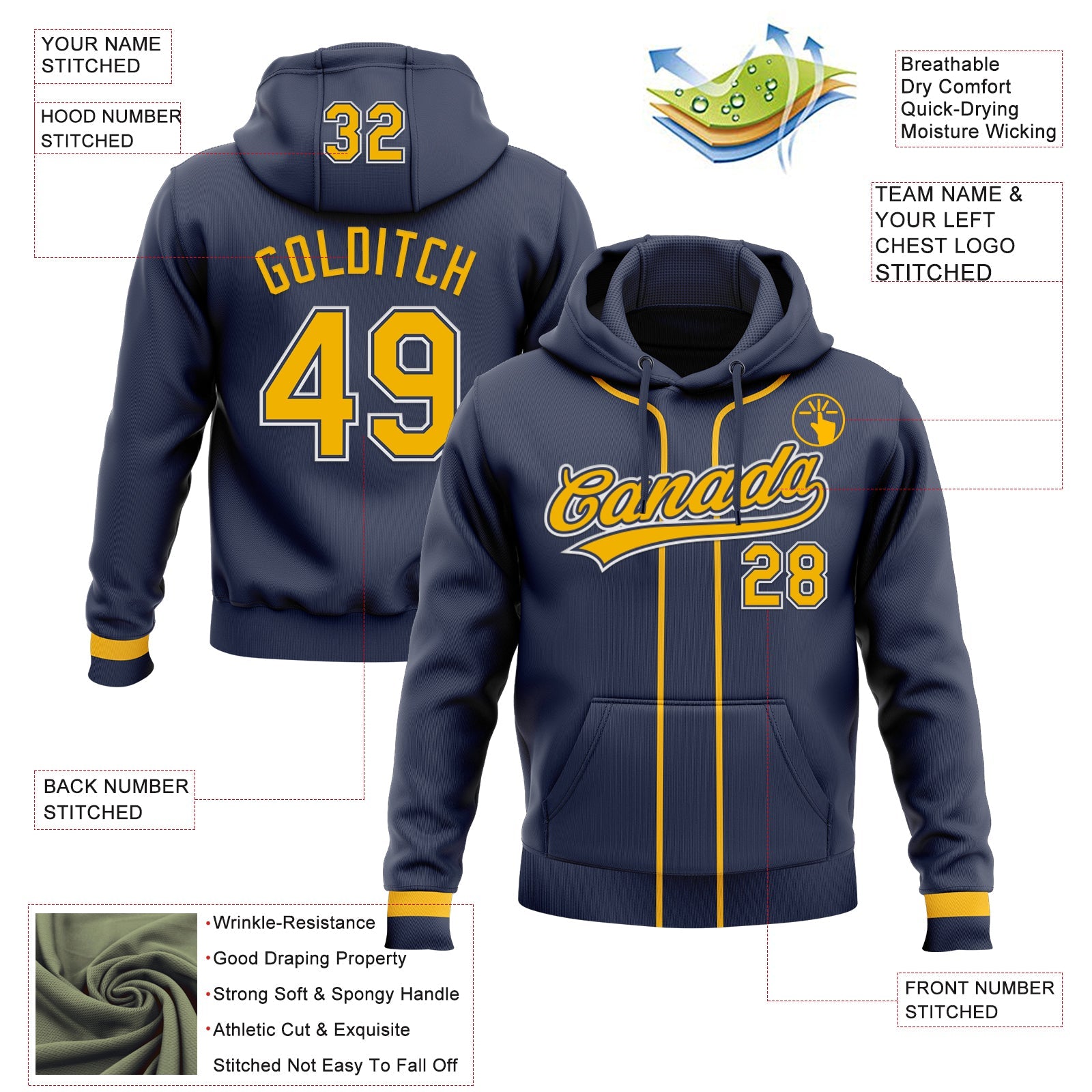 Custom Stitched Navy Gold-White Baseball Pullover Sweatshirt Hoodie view 2