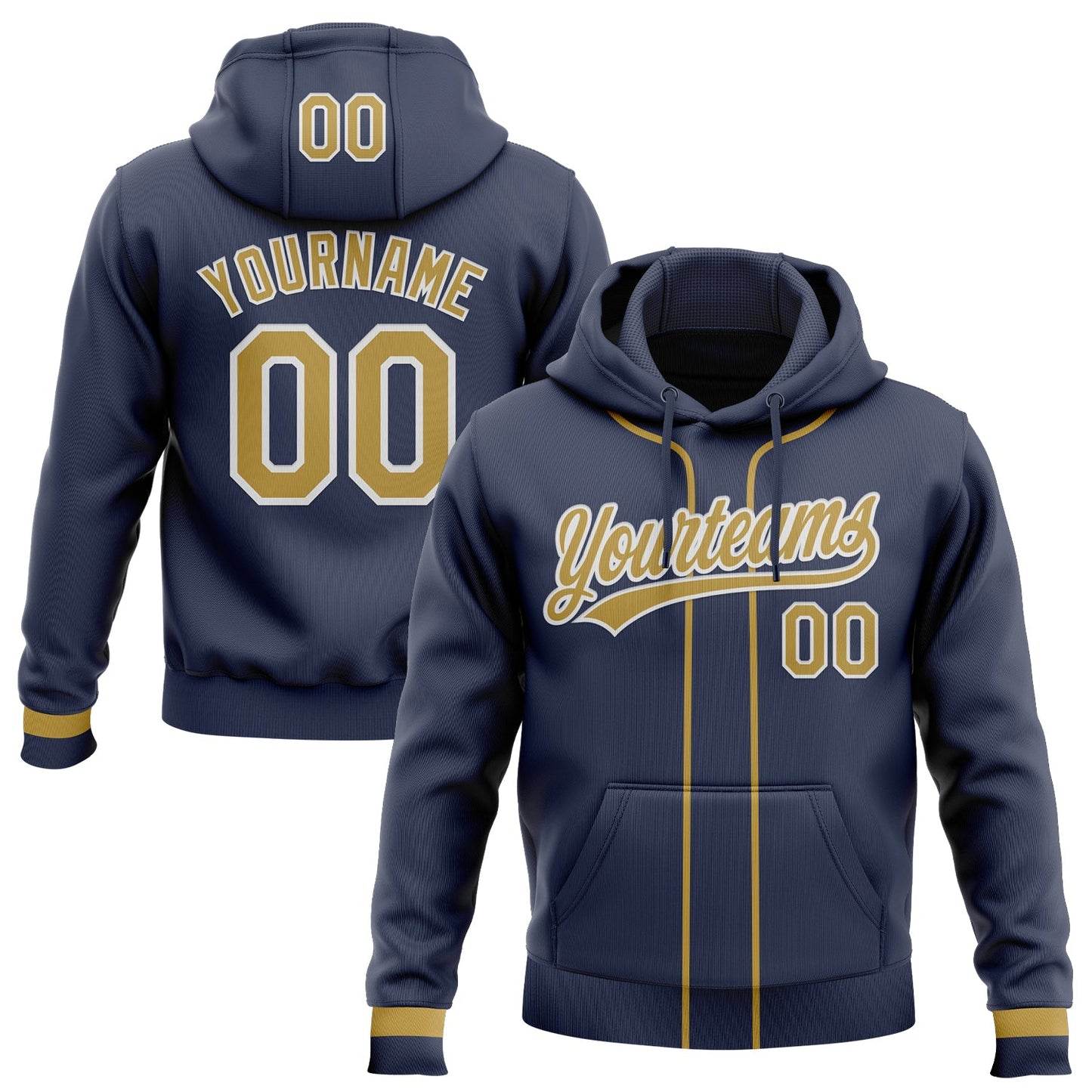 Custom Stitched Navy Old Gold-White Baseball Pullover Sweatshirt Hoodie - Main View