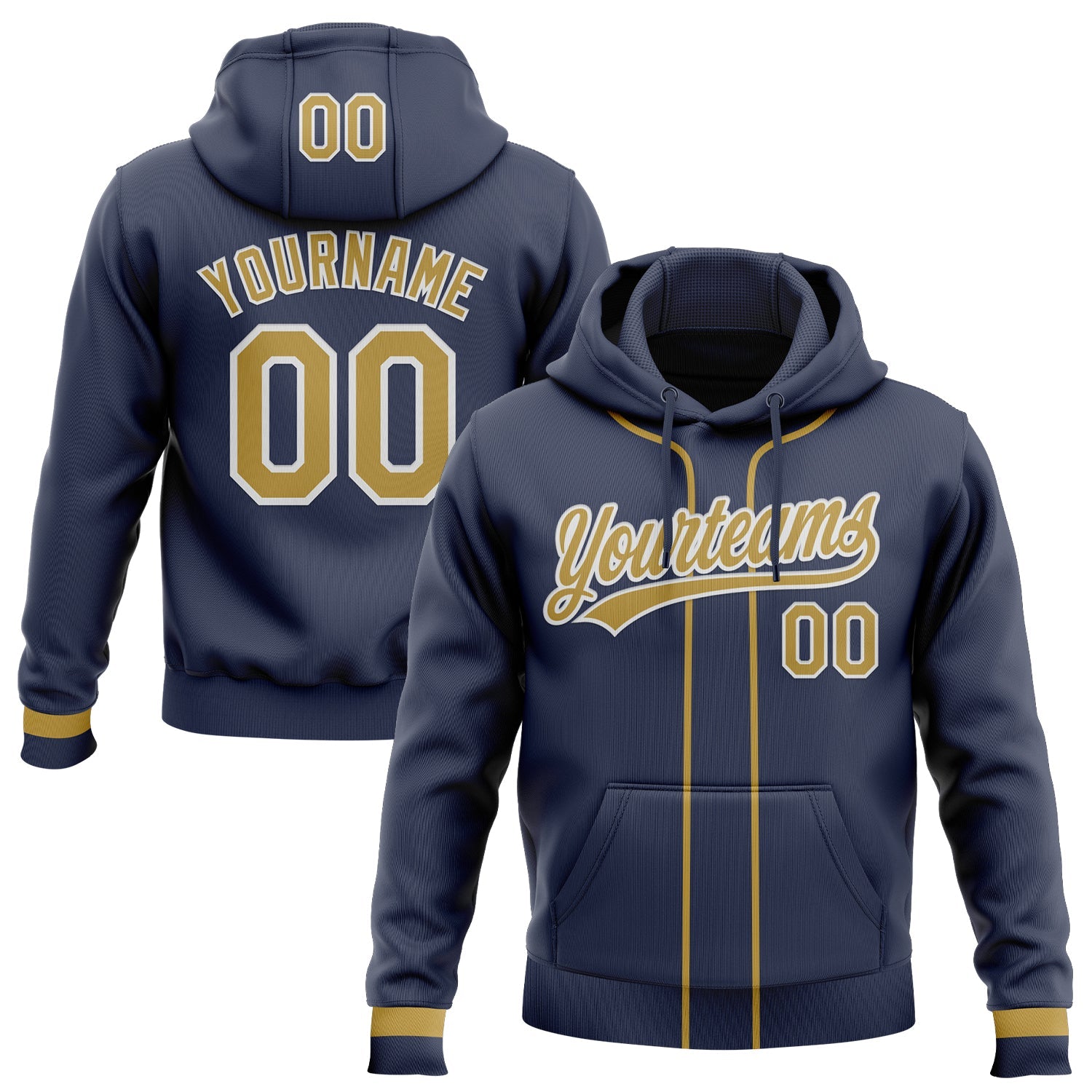 Custom Stitched Navy Old Gold-White Baseball Pullover Sweatshirt Hoodie - Main View