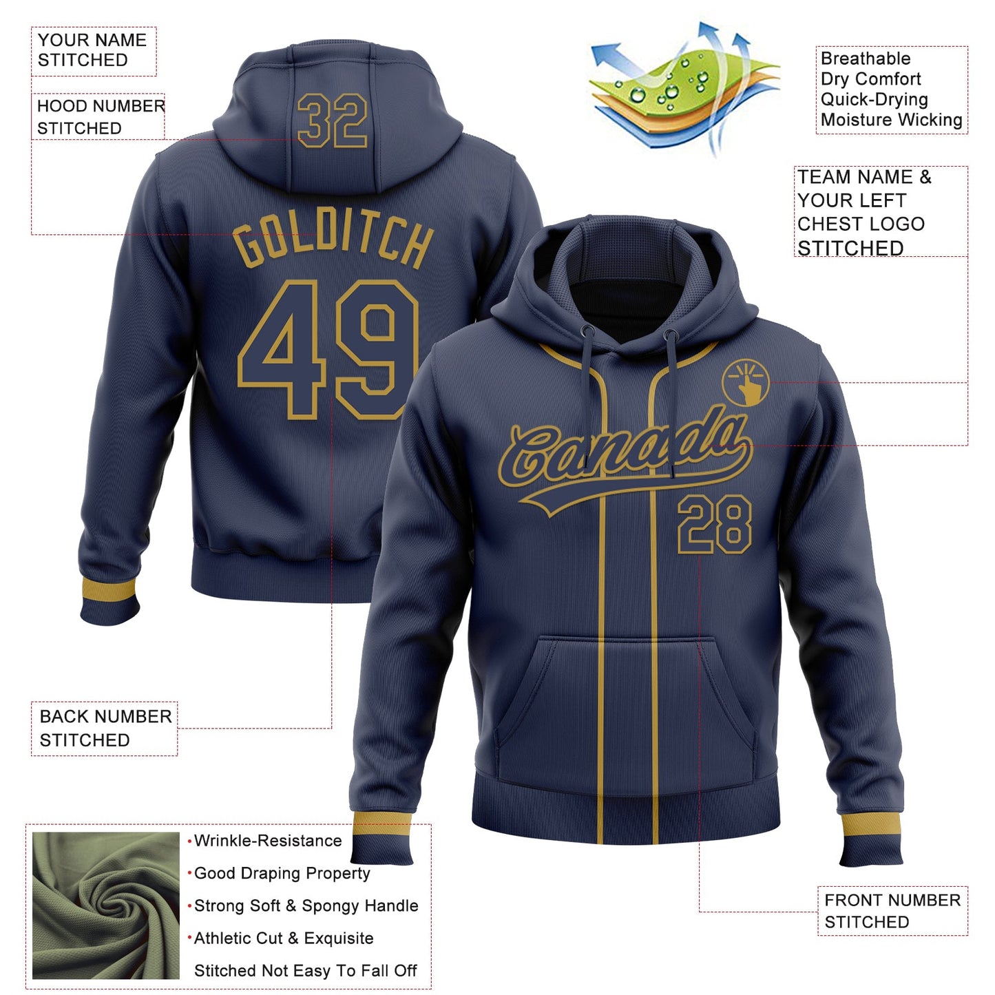 Custom Stitched Navy Old Gold Baseball Pullover Sweatshirt Hoodie view 2
