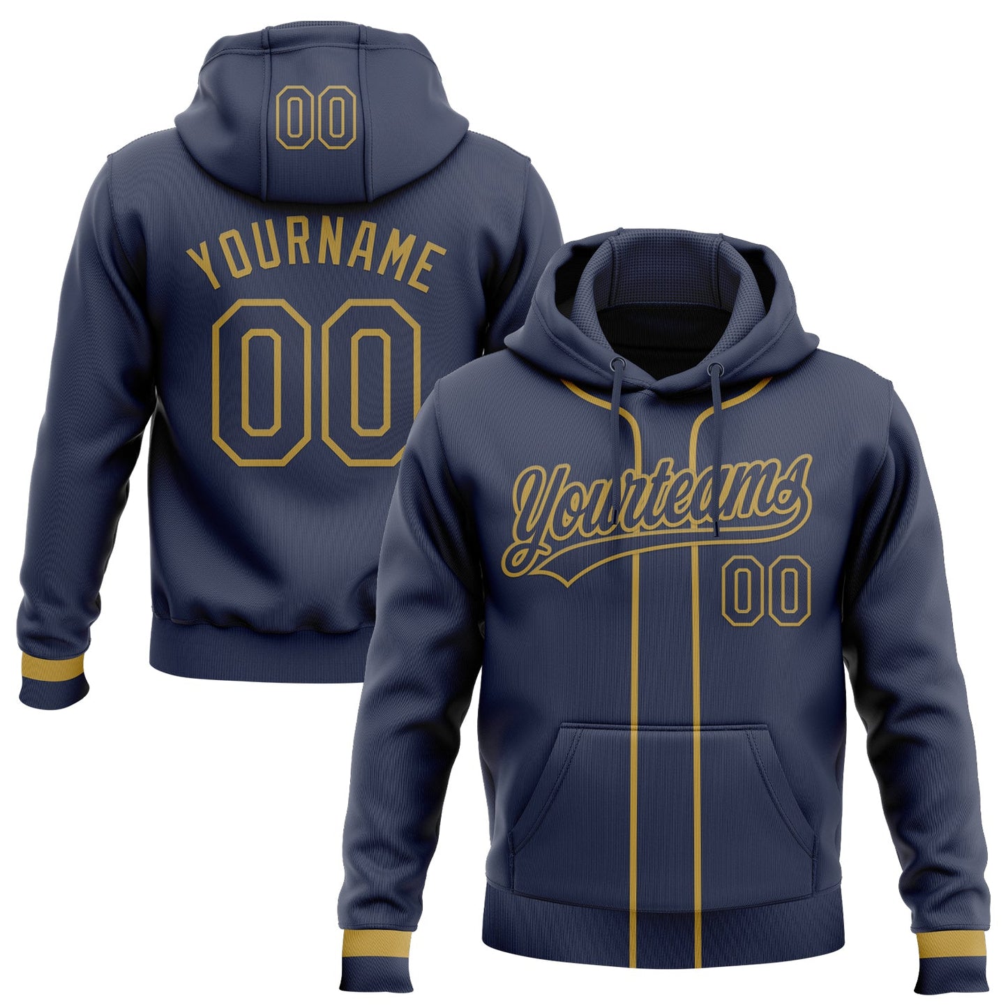 Custom Stitched Navy Old Gold Baseball Pullover Sweatshirt Hoodie - Main View