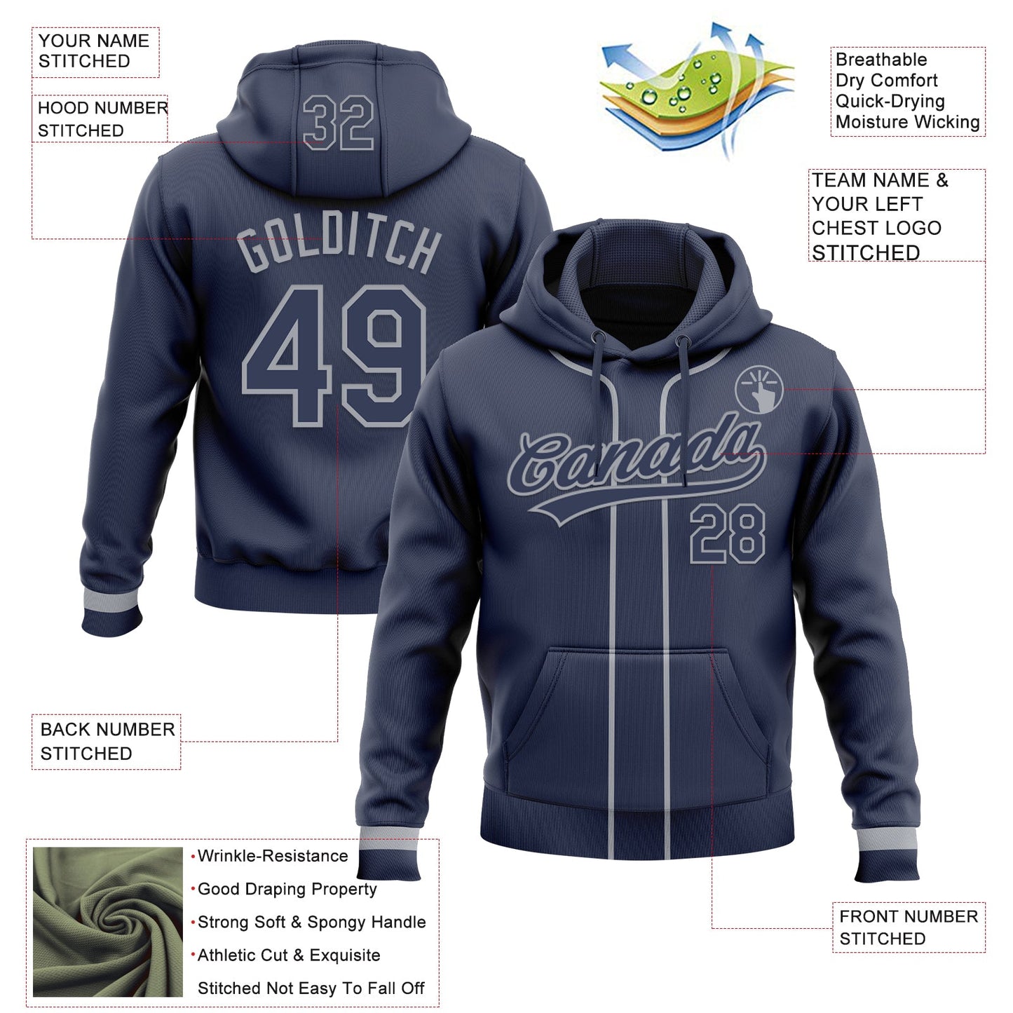 Custom Stitched Navy Gray Baseball Pullover Sweatshirt Hoodie view 2
