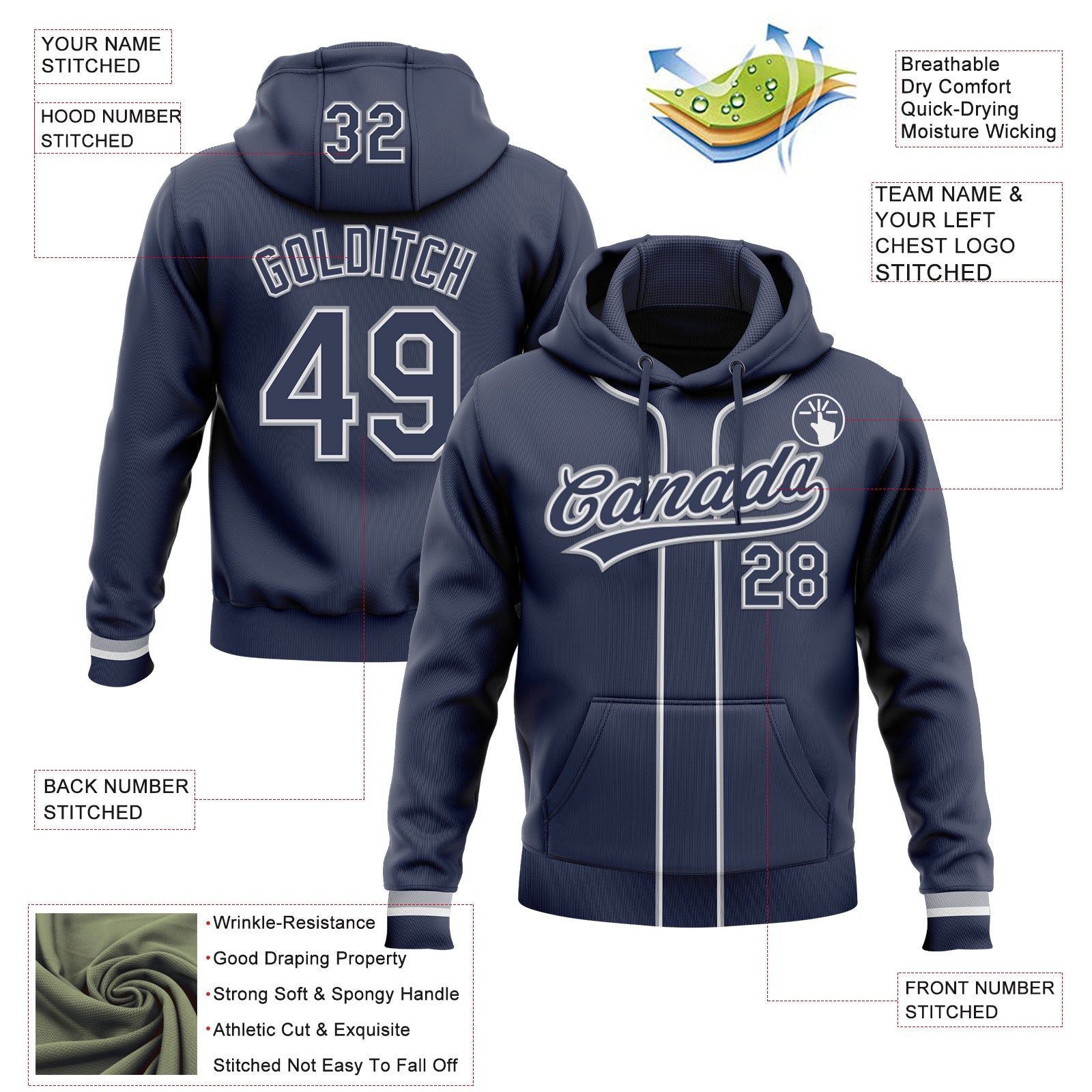Custom Stitched Navy White-Gray Baseball Pullover Sweatshirt Hoodie view 2