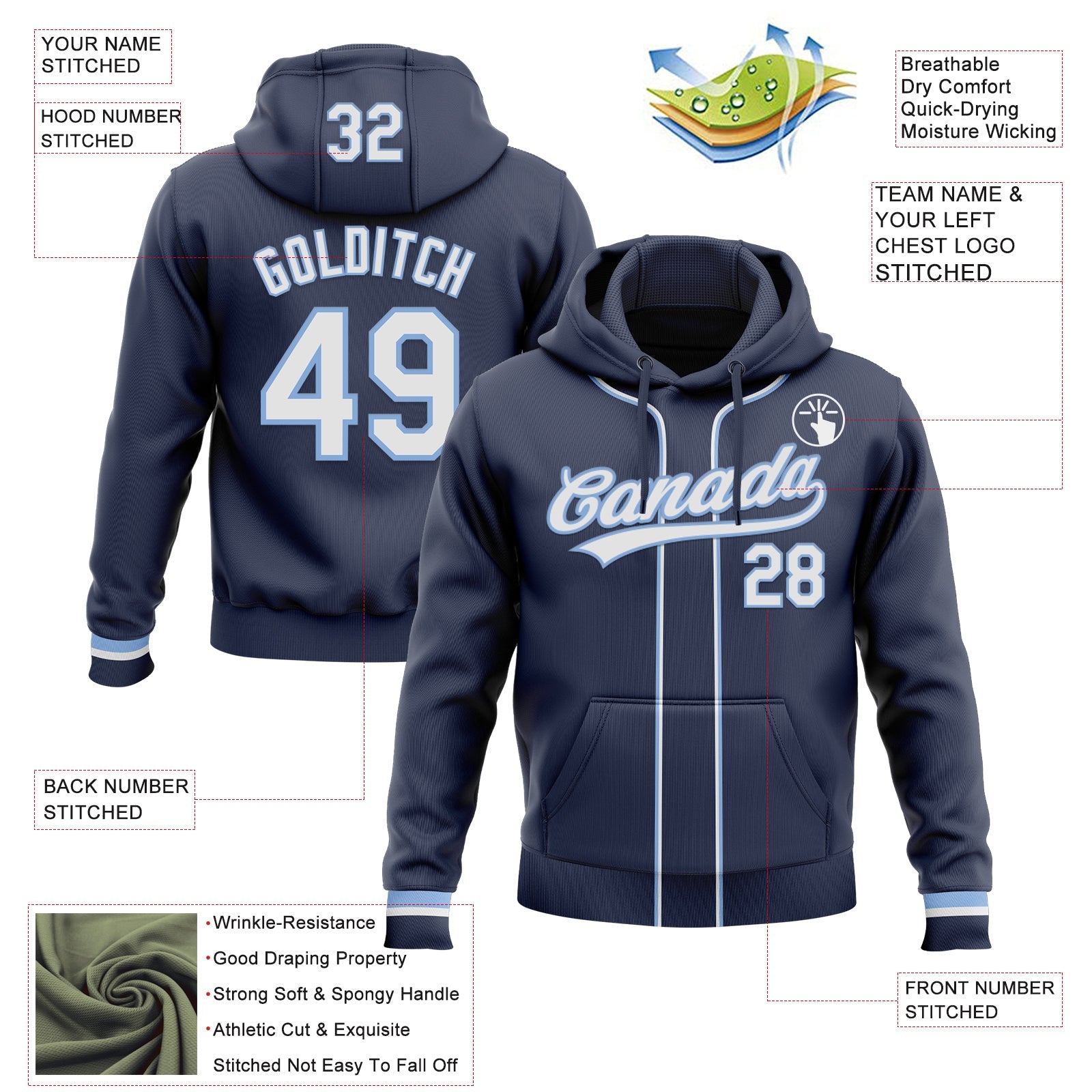 Custom Stitched Navy White-Light Blue Baseball Pullover Sweatshirt Hoodie view 2