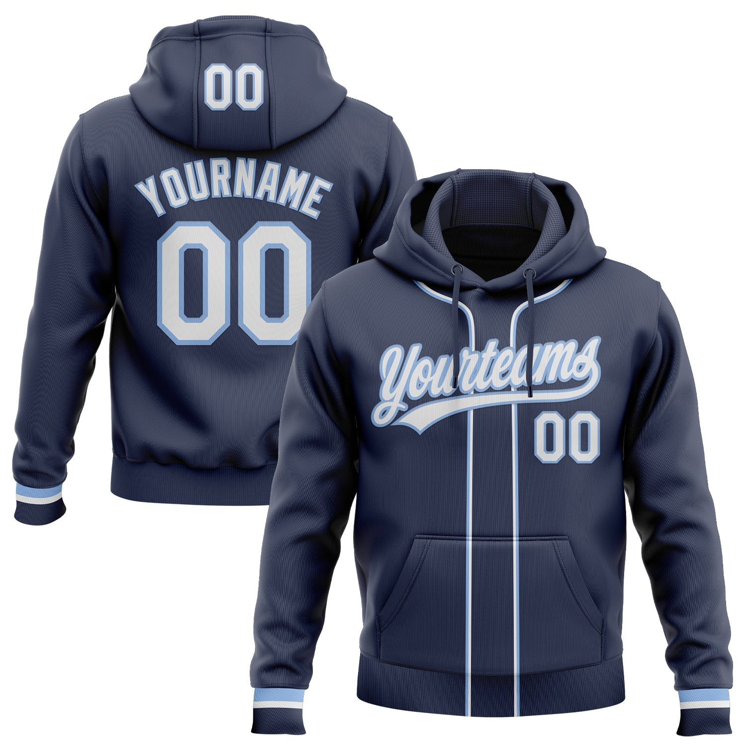 Custom Stitched Navy White-Light Blue Baseball Pullover Sweatshirt Hoodie - Main View