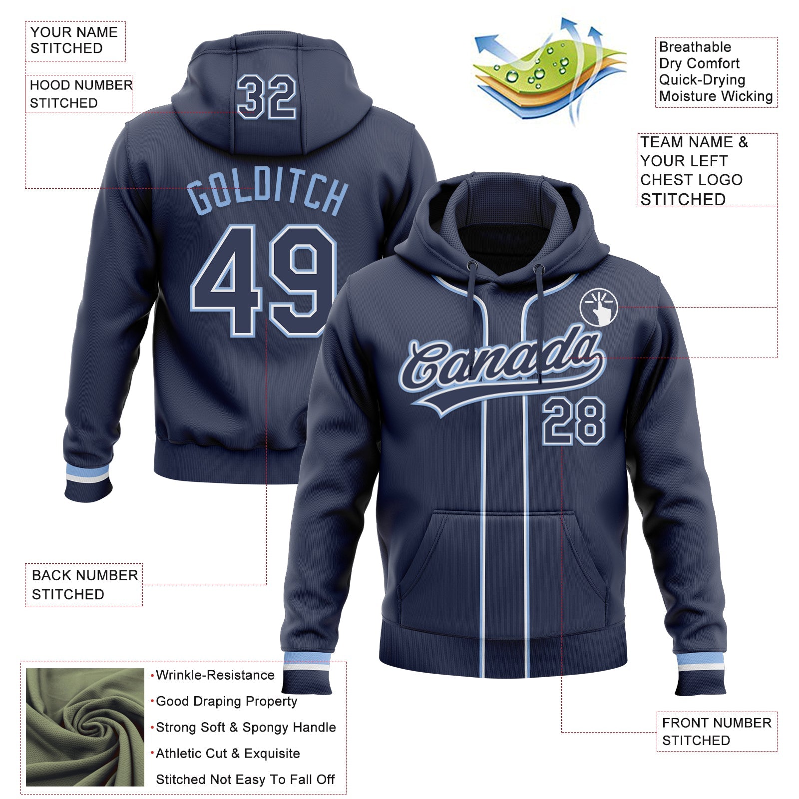 Custom Stitched Navy White-Light Blue Baseball Pullover Sweatshirt Hoodie view 2