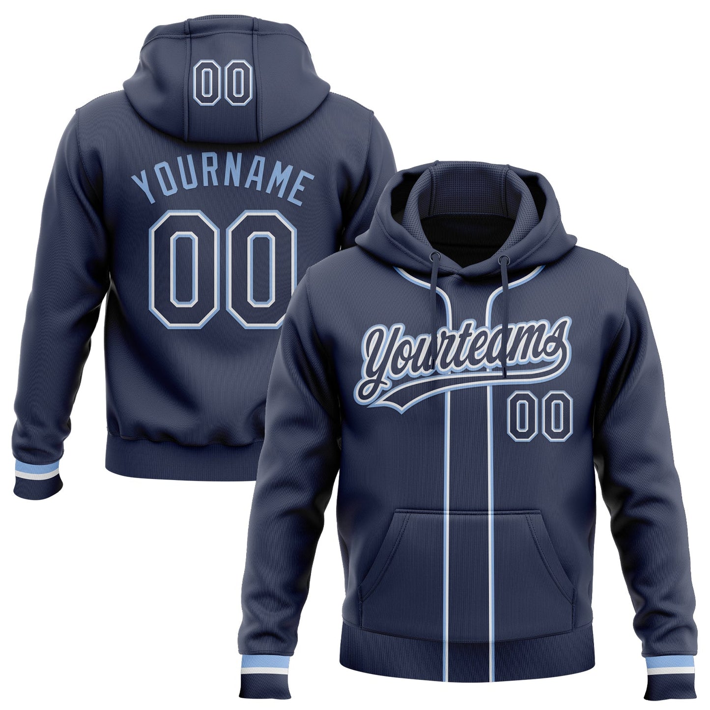 Custom Stitched Navy White-Light Blue Baseball Pullover Sweatshirt Hoodie - Main View