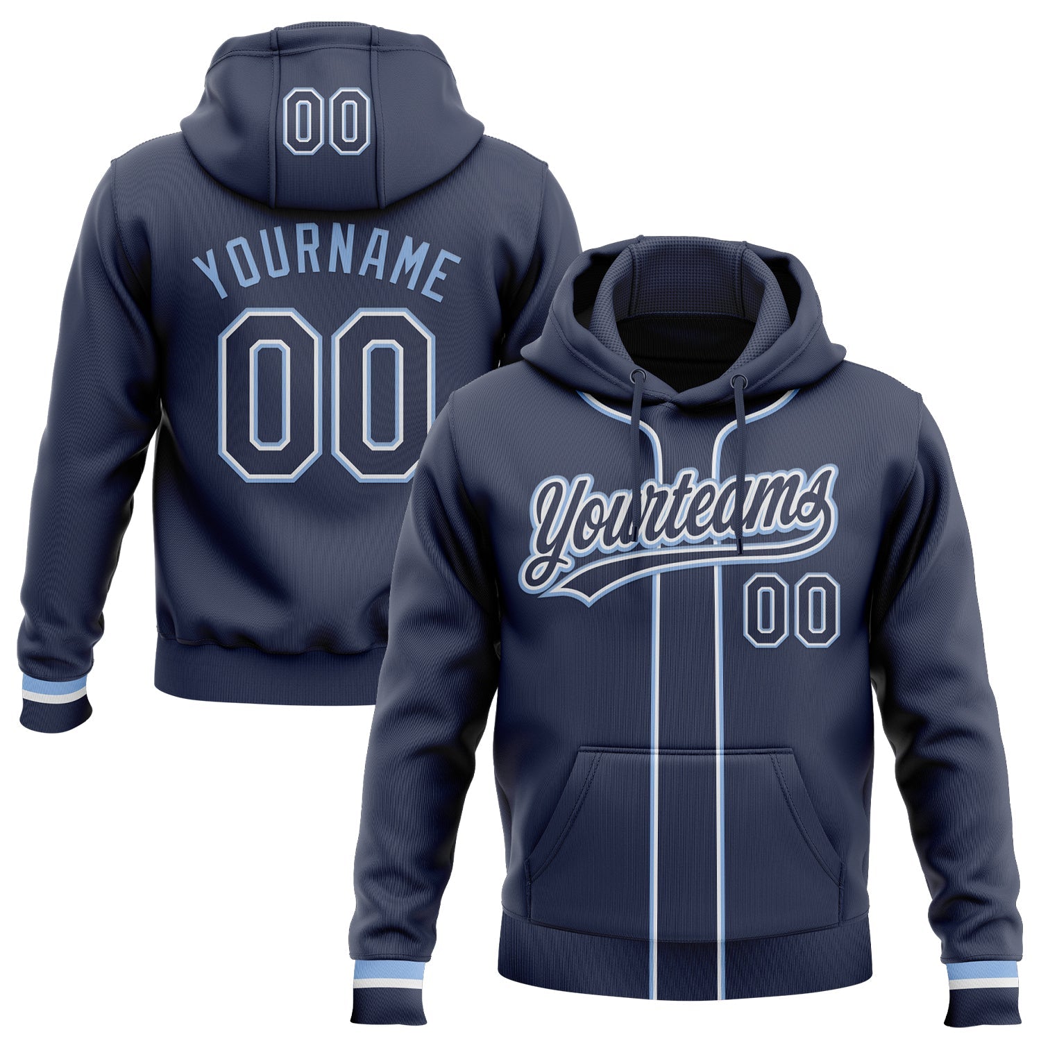 Custom Stitched Navy White-Light Blue Baseball Pullover Sweatshirt Hoodie - Main View