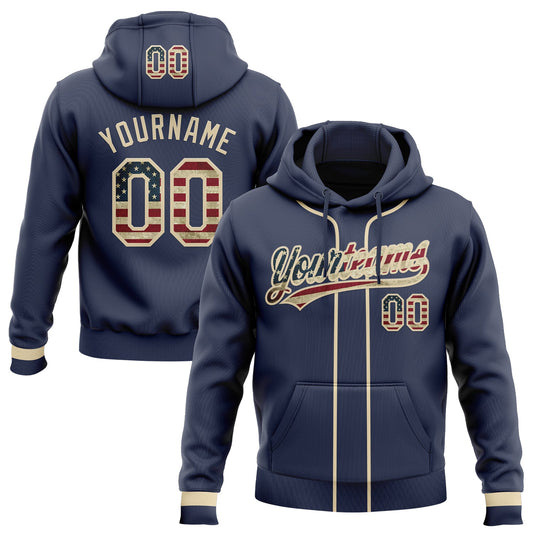 Custom Stitched Navy Vintage USA Flag-Cream Baseball Pullover Sweatshirt Hoodie - Main View