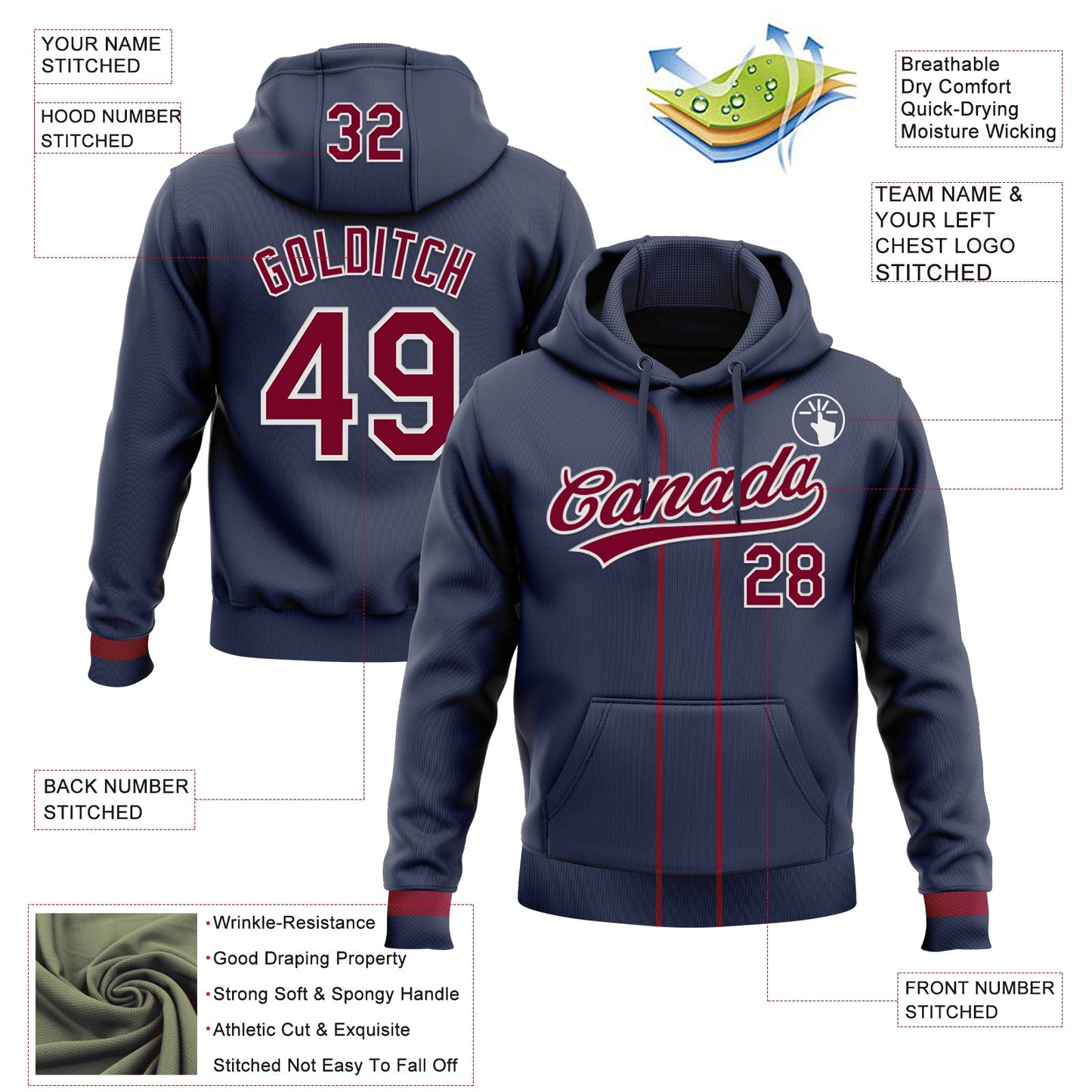 Custom Stitched Navy Maroon-White Baseball Pullover Sweatshirt Hoodie view 2