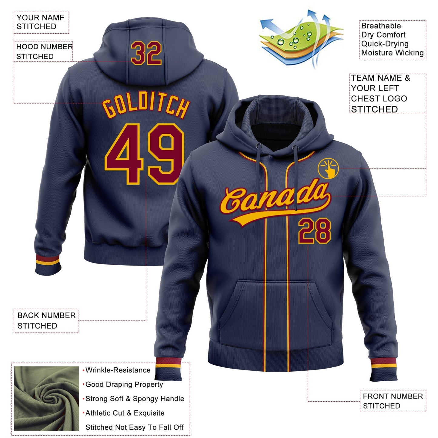 Custom Stitched Navy Maroon-Gold Baseball Pullover Sweatshirt Hoodie view 2