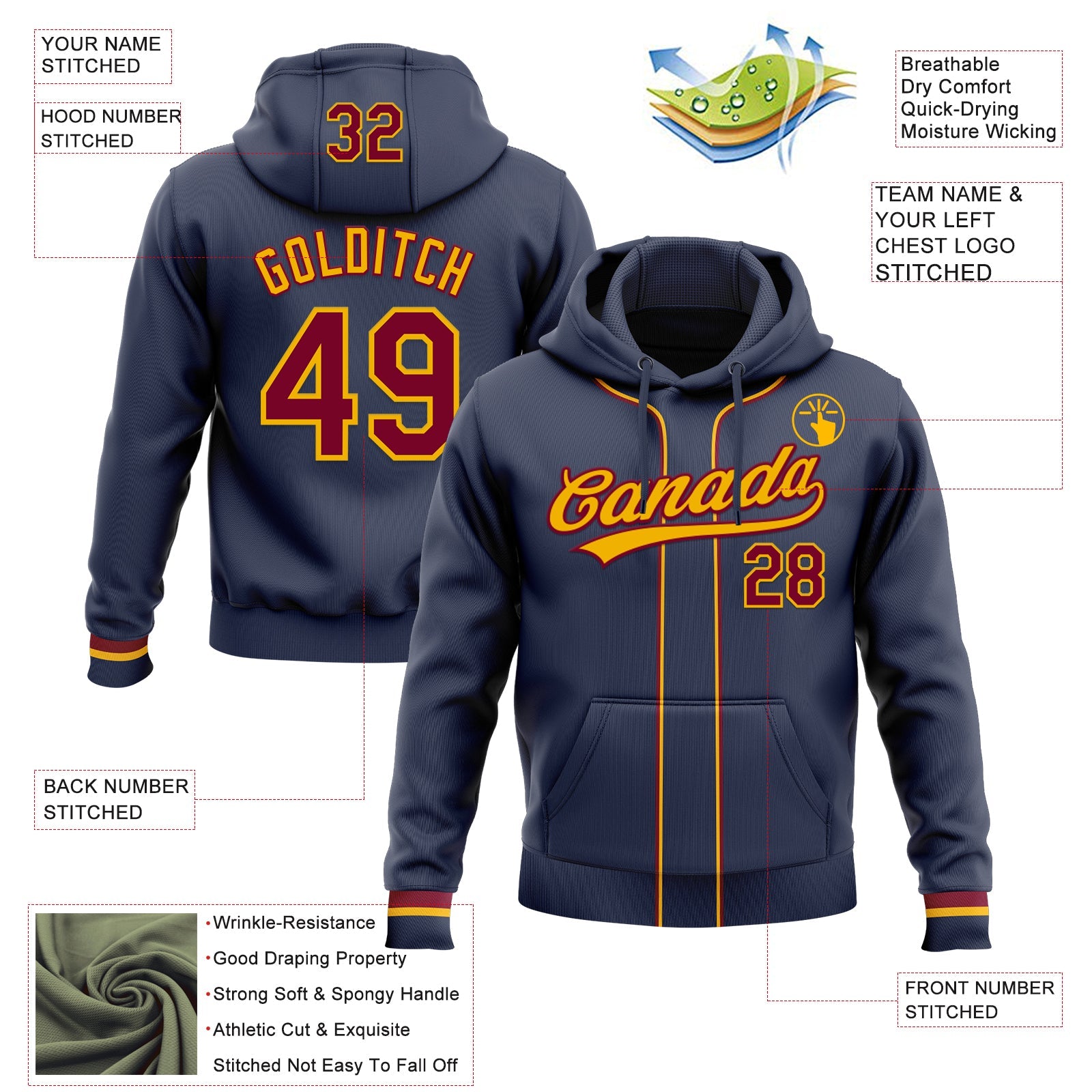 Custom Stitched Navy Maroon-Gold Baseball Pullover Sweatshirt Hoodie view 2