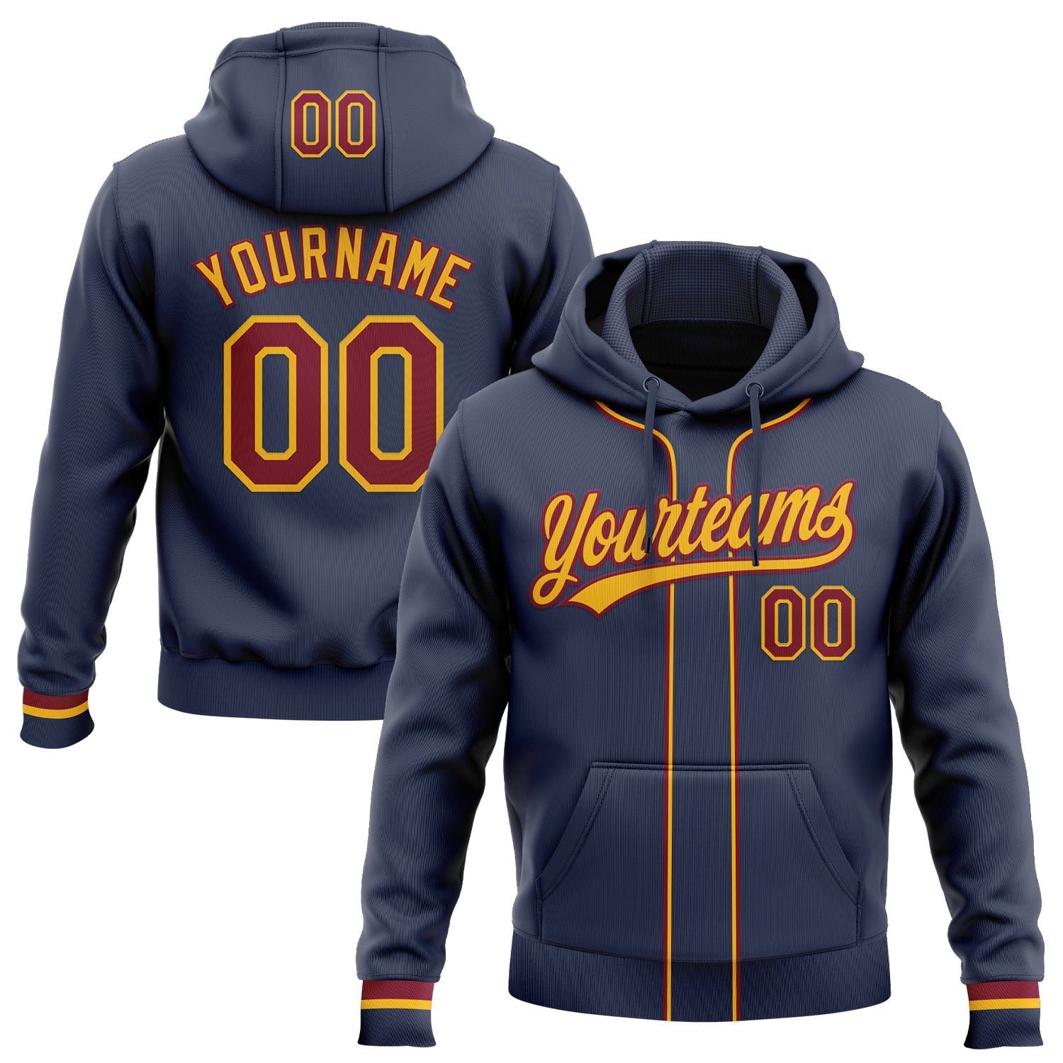 Custom Stitched Navy Maroon-Gold Baseball Pullover Sweatshirt Hoodie - Main View