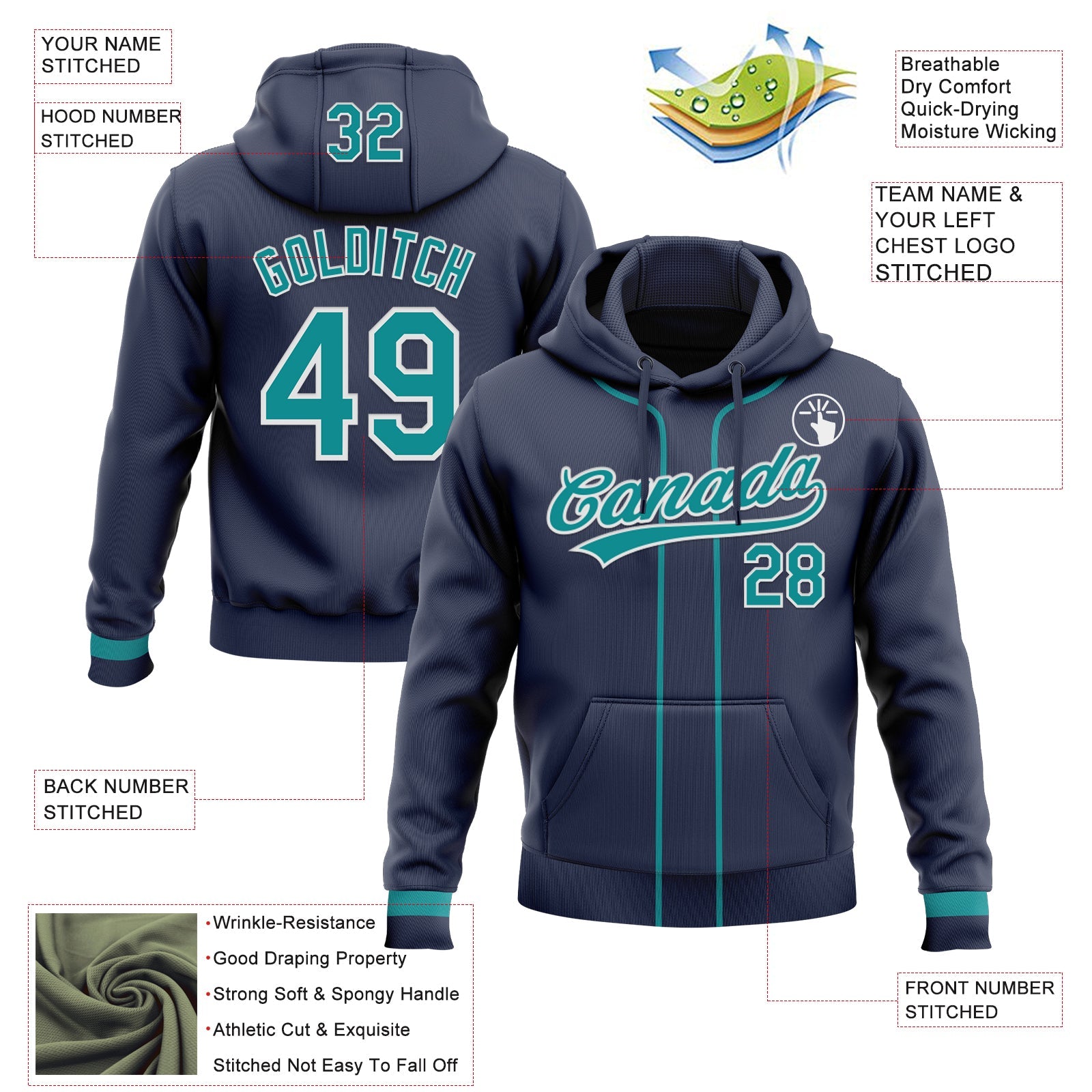 Custom Stitched Navy Teal-White Baseball Pullover Sweatshirt Hoodie view 2