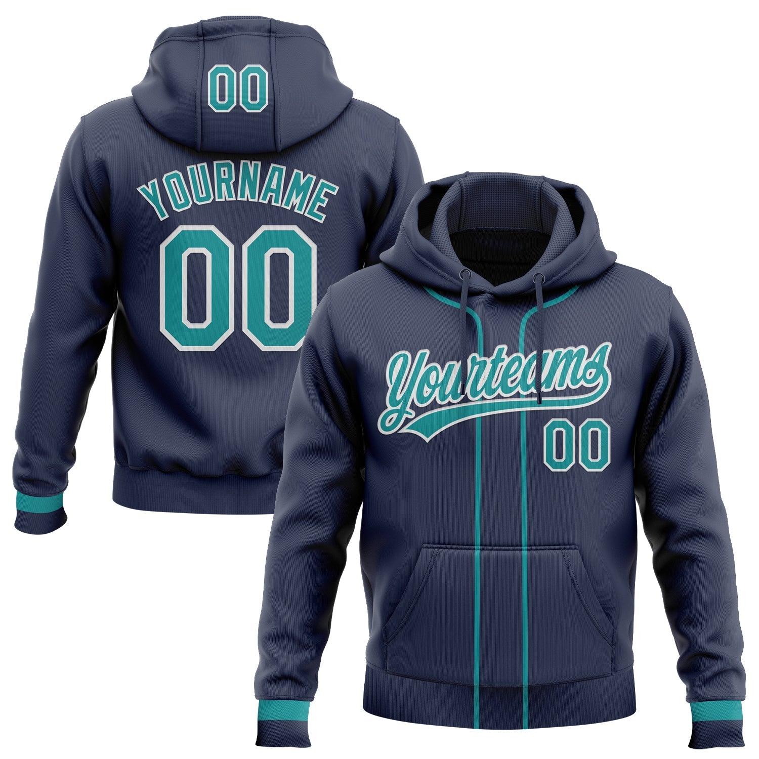 Custom Stitched Navy Teal-White Baseball Pullover Sweatshirt Hoodie - Main View