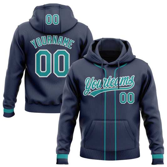 Custom Stitched Navy Teal-White Baseball Pullover Sweatshirt Hoodie - Main View