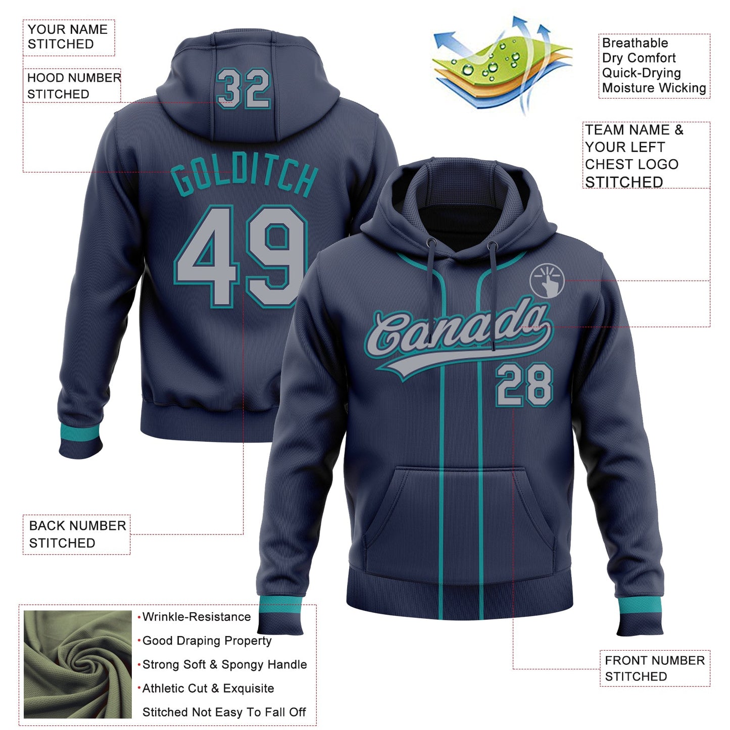 Custom Stitched Navy Gray-Teal Baseball Pullover Sweatshirt Hoodie view 2