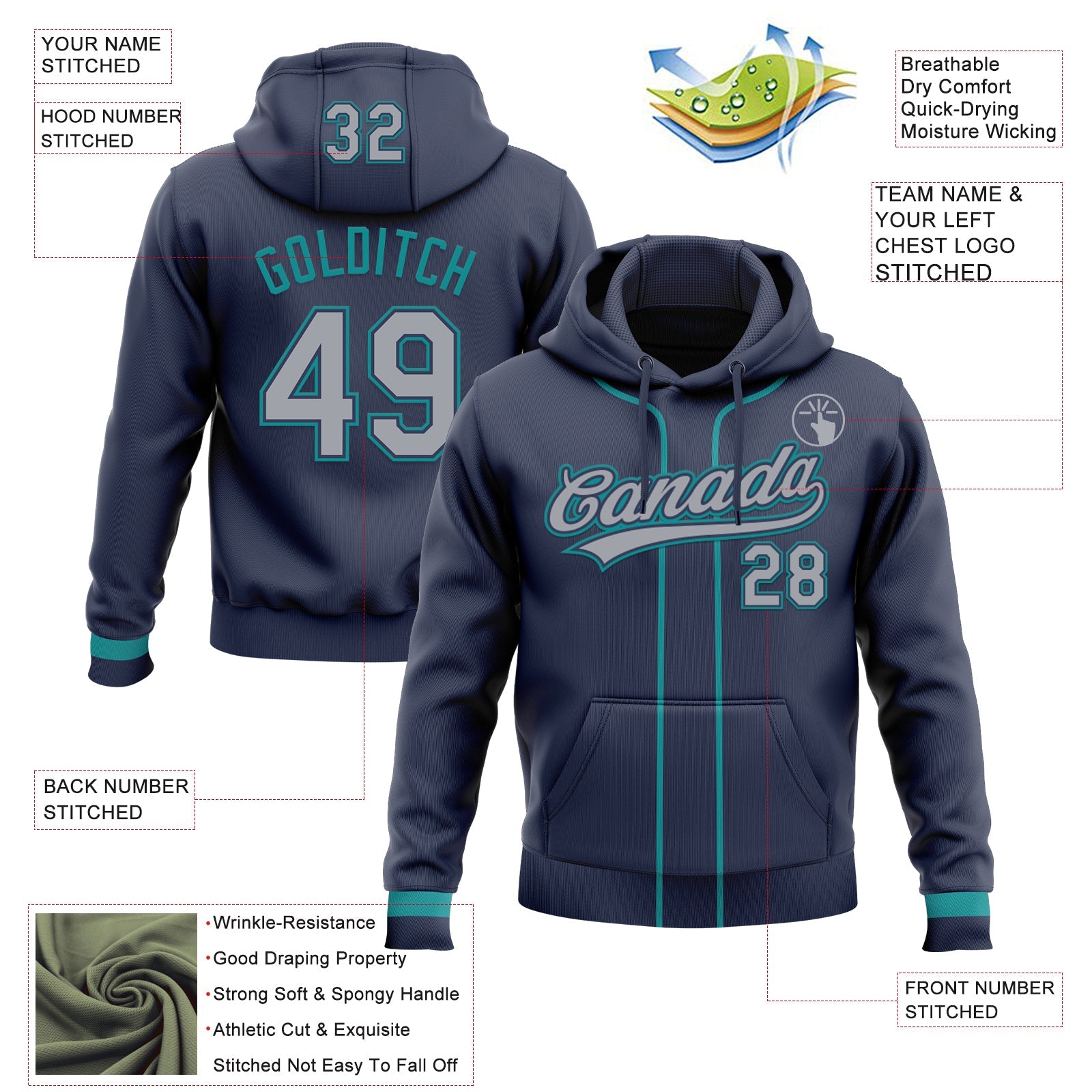 Custom Stitched Navy Gray-Teal Baseball Pullover Sweatshirt Hoodie view 2