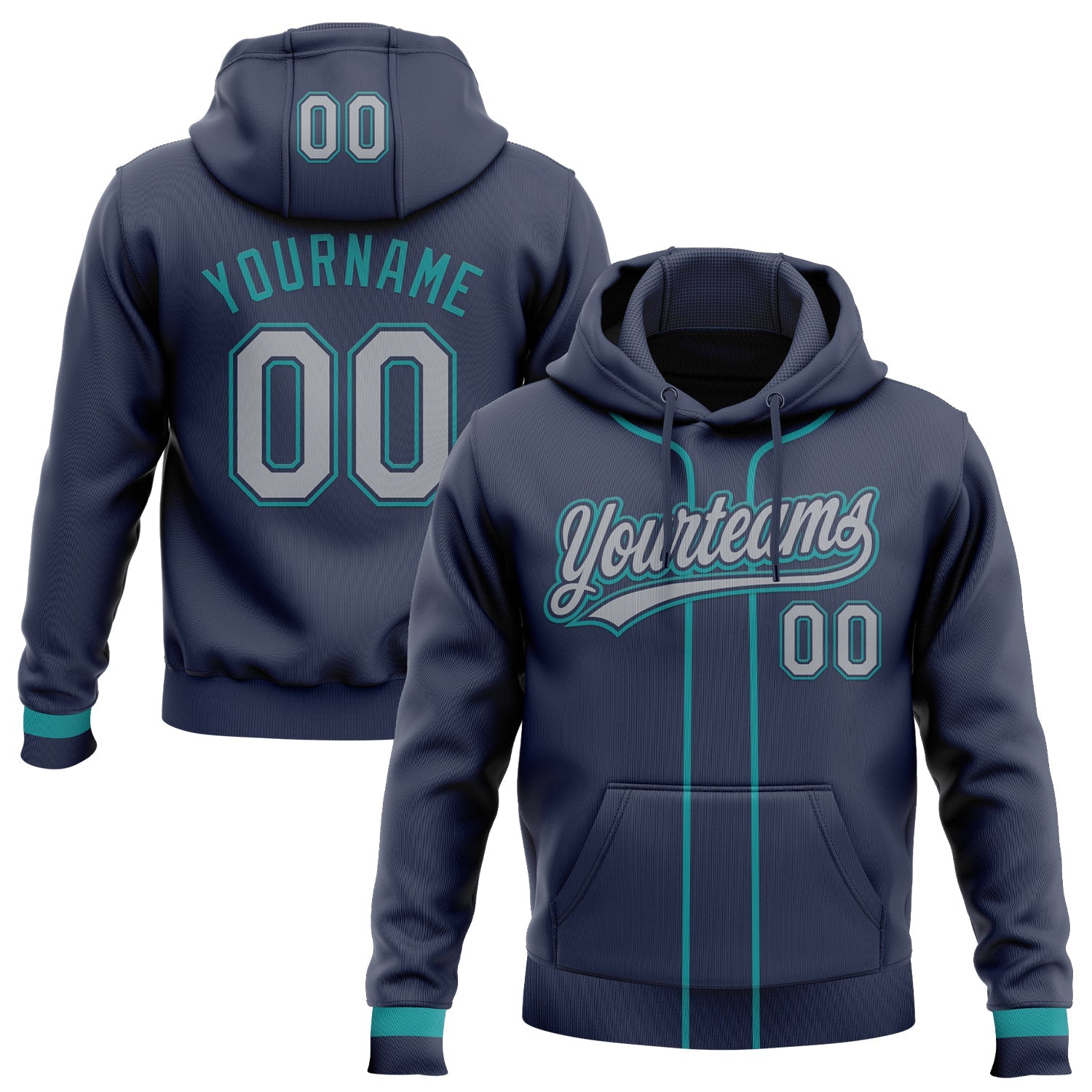 Custom Stitched Navy Gray-Teal Baseball Pullover Sweatshirt Hoodie - Main View