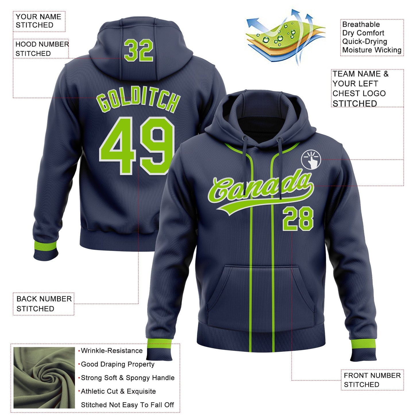 Custom Stitched Navy Neon Green-White Baseball Pullover Sweatshirt Hoodie view 2