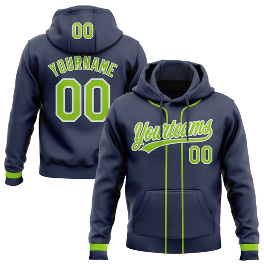 Custom Stitched Navy Neon Green-White Baseball Pullover Sweatshirt Hoodie - Main View