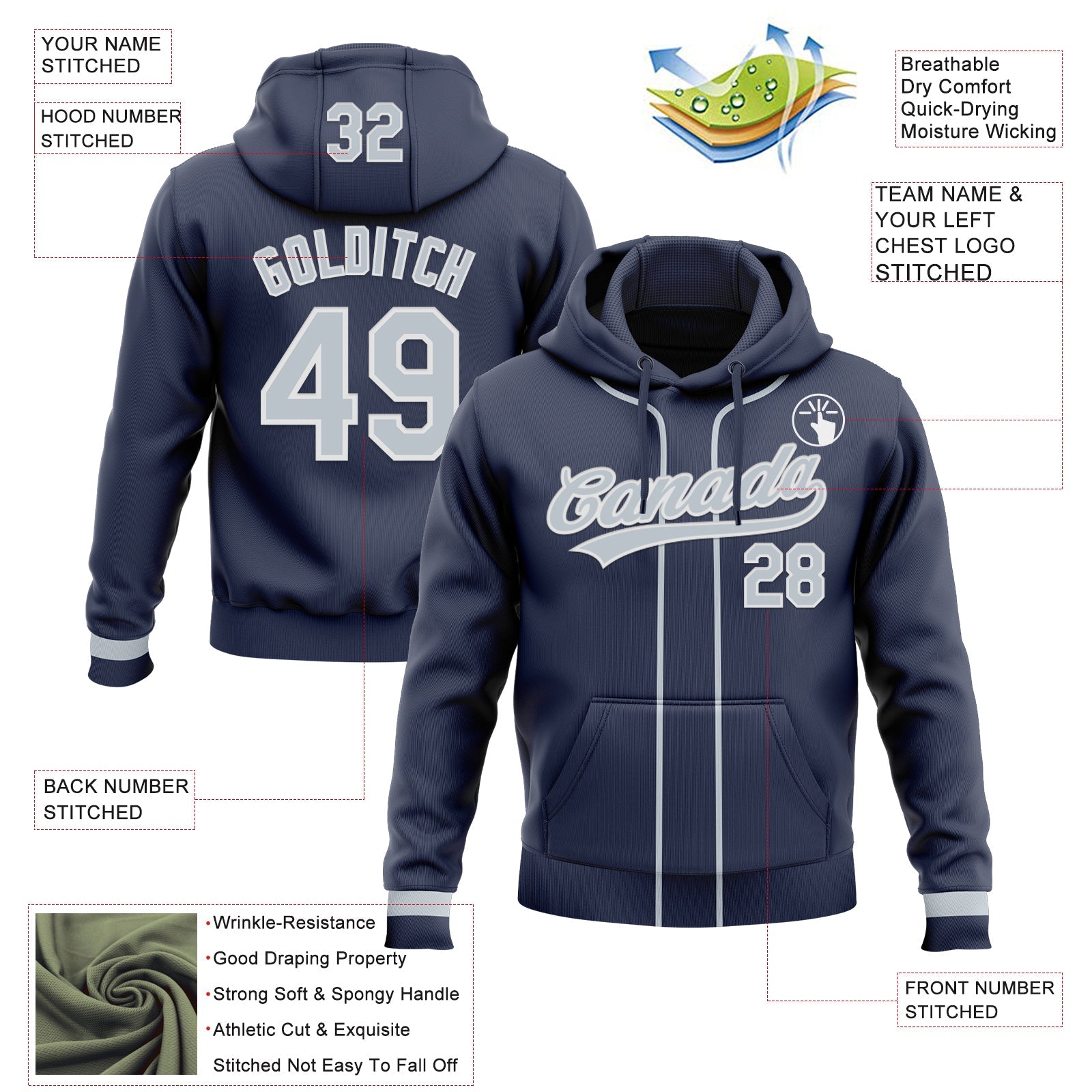 Custom Stitched Navy Silver-White Baseball Pullover Sweatshirt Hoodie view 2
