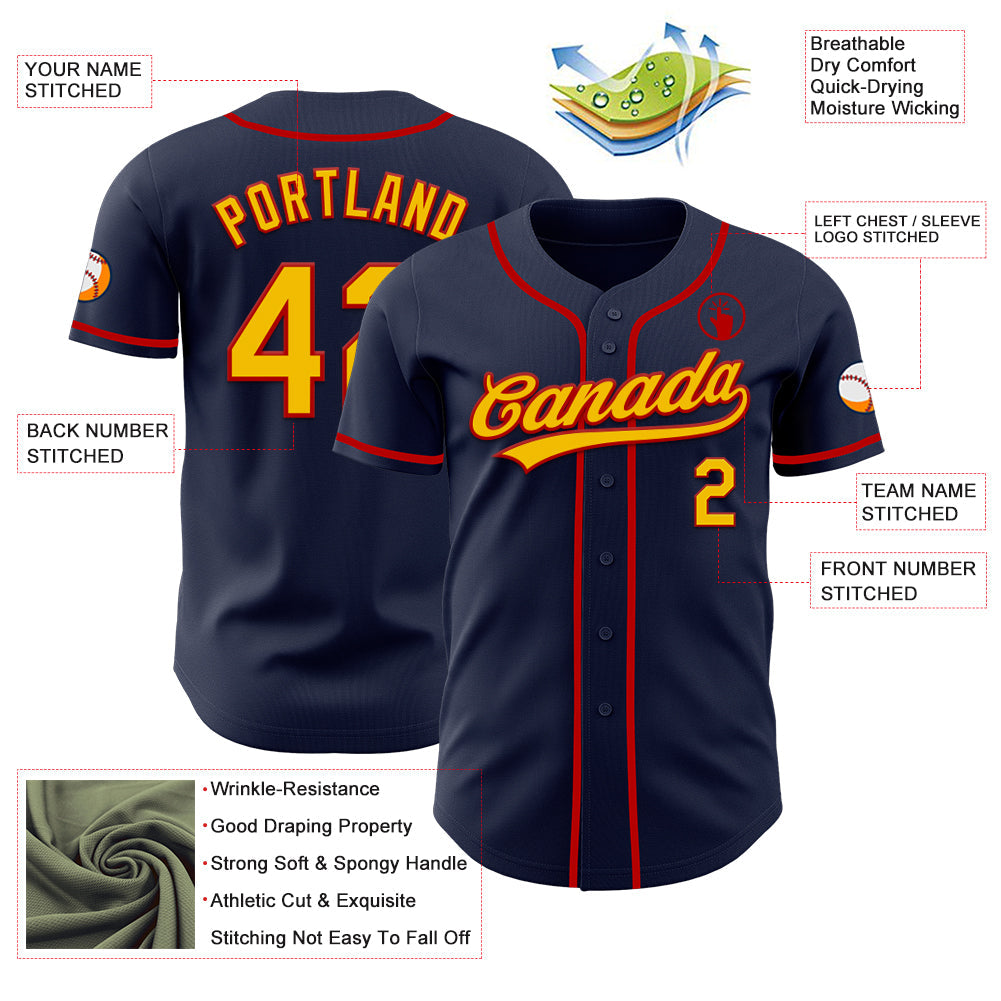 Custom Navy Yellow-Red Authentic Baseball Jersey view 3
