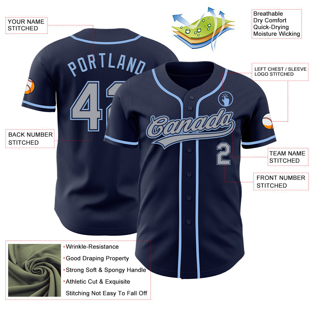 Custom Navy Gray-Light Blue Authentic Baseball Jersey view 3